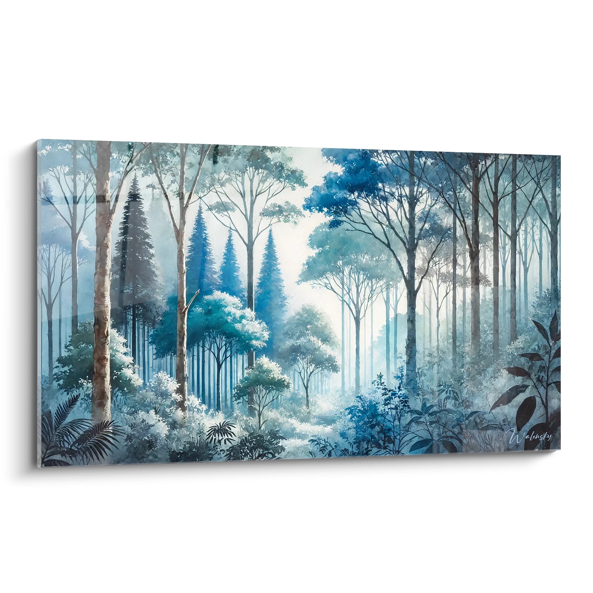 Tableau forêt en vue de biais capturant la serenite d un matin brumeux Filtrant a travers les arbres la lumiere apaise et reveille les nuances de bleu et de vert Mystique et realiste

