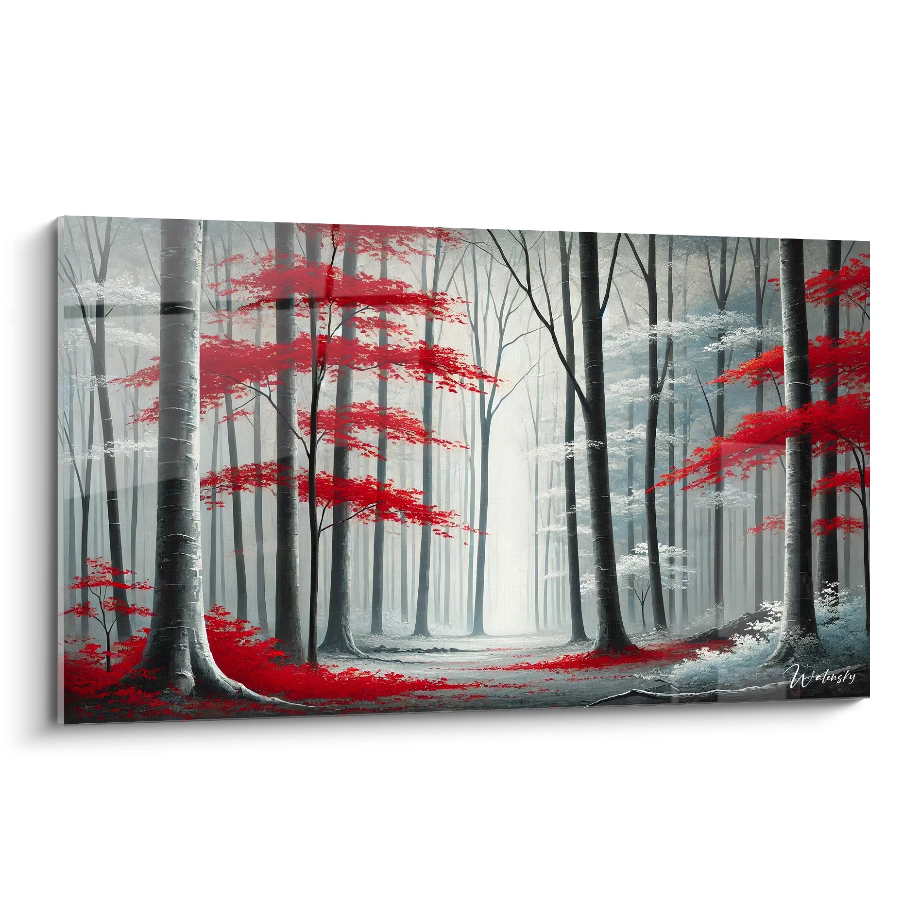 Tableau Foret en vue de biais avec des arbres rouge et gris qui se dressent dans une brume enveloppante L'ambiance mysterieuse de la foret evoque des histoires anciennes et invite a la contemplation

