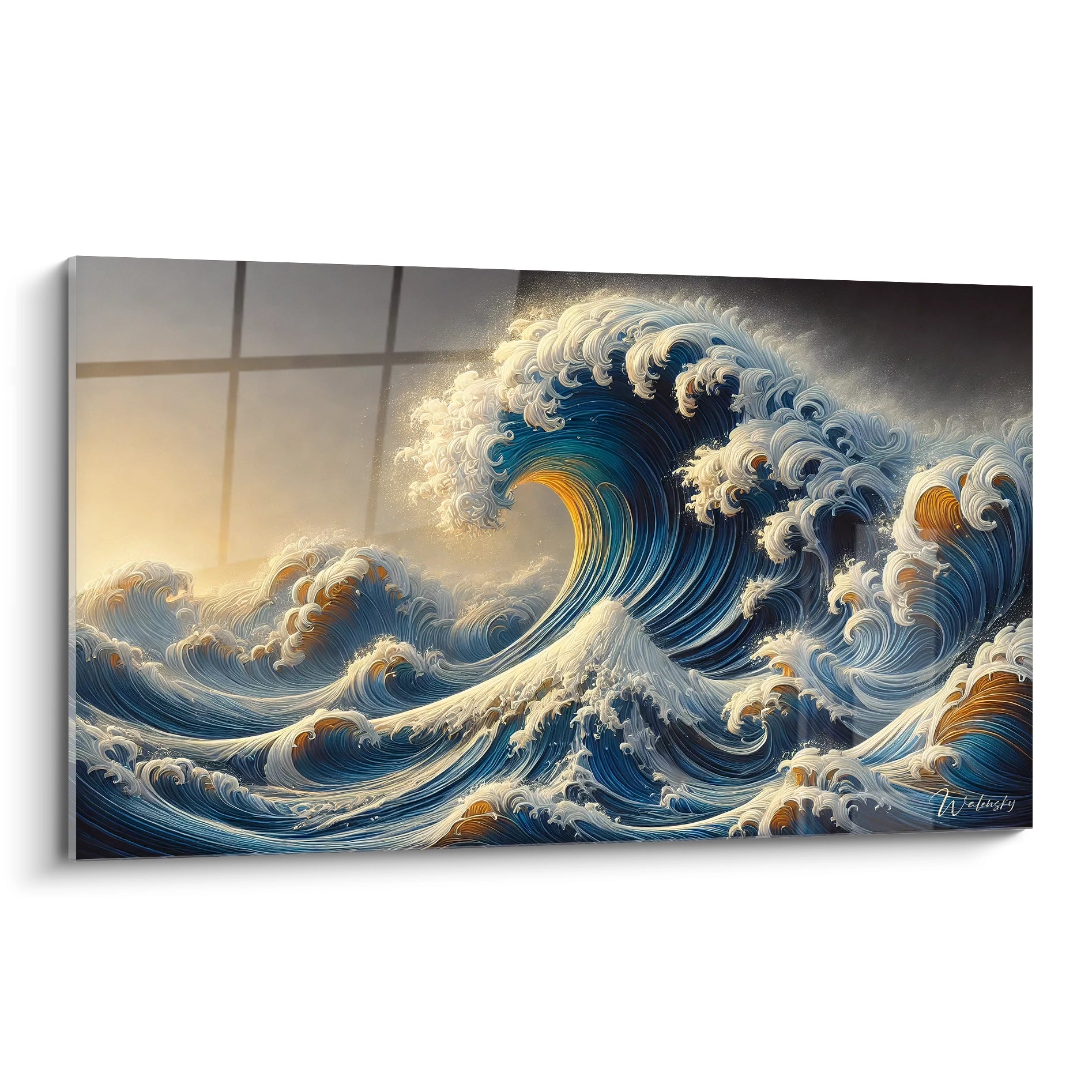 Vue laterale du tableau japonais montrant la vague puissante et les touches dorees lumineuses contrastant avec les nuances de bleu et de blanc pour une touche contemporaine et apaisante

