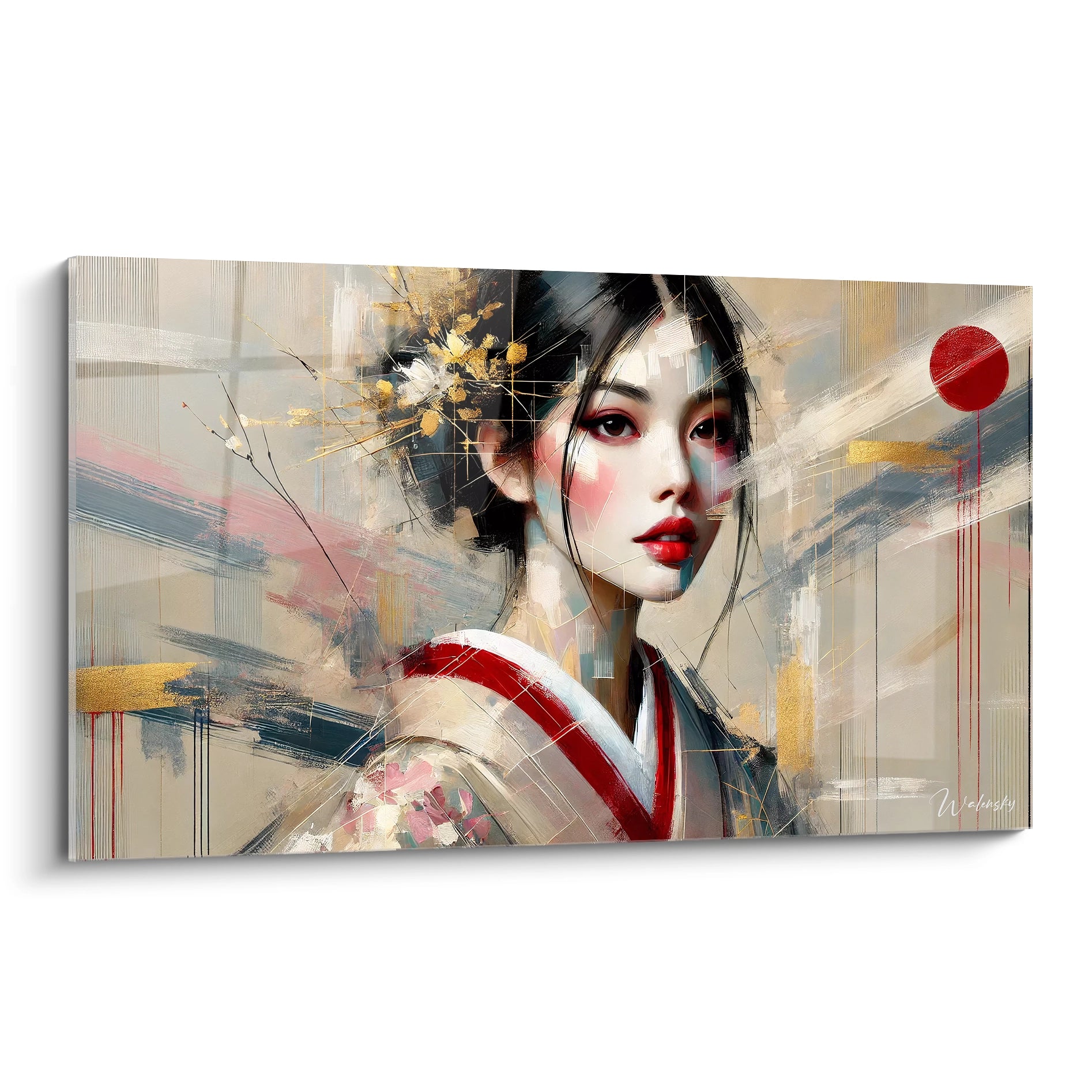 Tableau japonais vue de biais presentant une geisha contemporaine alliant mystere et grace. Les touches dorees et le rouge intense ajoutent une profondeur a cette oeuvre symbolisant force et serenite.

