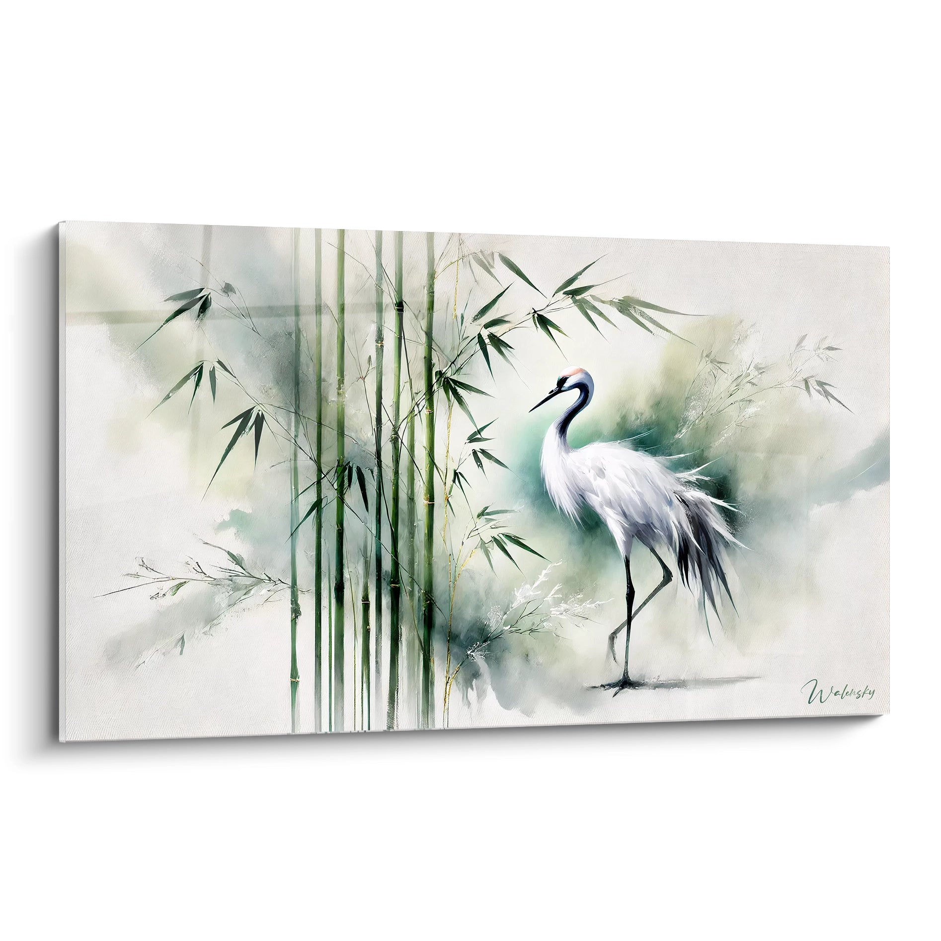 Ce tableau japonais vu de biais capture la grace d une grue solitaire au milieu des bambous. Les nuances de vert et blanc evoquent la serenite et l harmonie de la nature.

