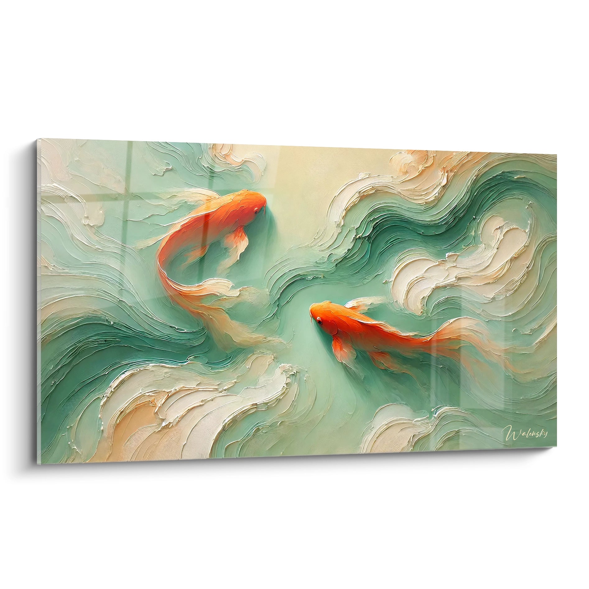 Tableau japonais vu de biais, capturant la danse gracieuse des carpes koi dans des ondulations fluides. Un style abstrait qui evoque la serenite et l harmonie de la nature pour une decoration zen.

