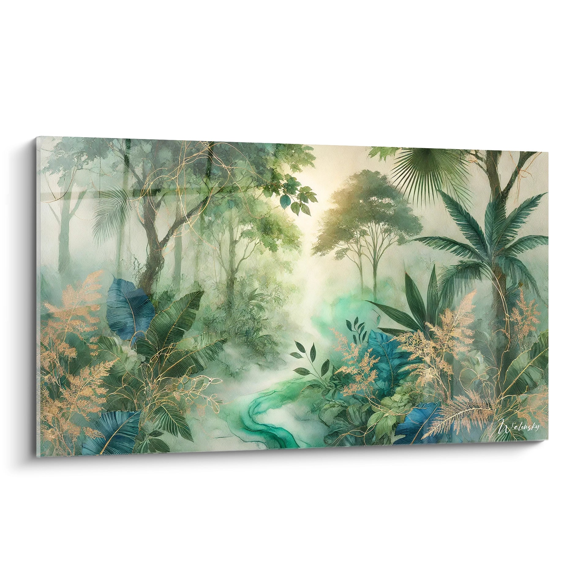 Admirez ce tableau jungle captivant, vu de biais, où la magie d'une forêt brumeuse se révèle à travers des tons verts et dorés, créant une ambiance sereine et mystique.

