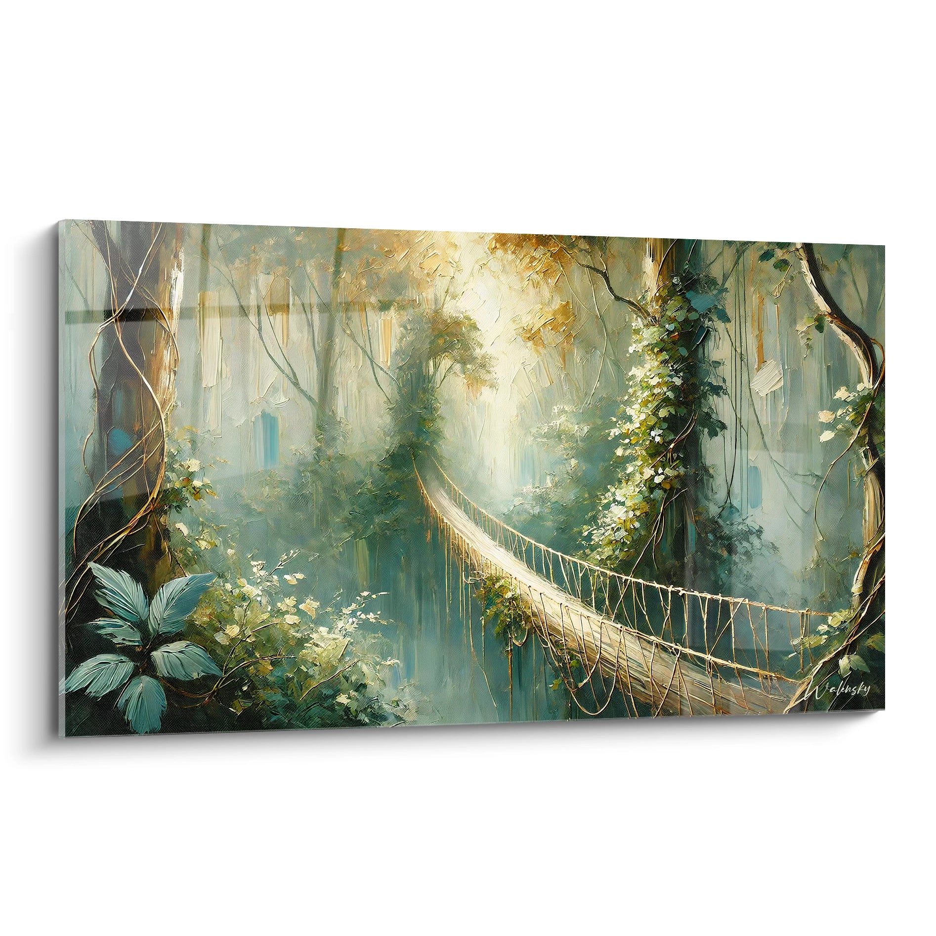 Découvrez ce tableau jungle captivant, avec sa vue de biais sur un pont suspendu au cœur de la forêt, vous plongeant dans un monde de mystère et de sérénité naturelle.

