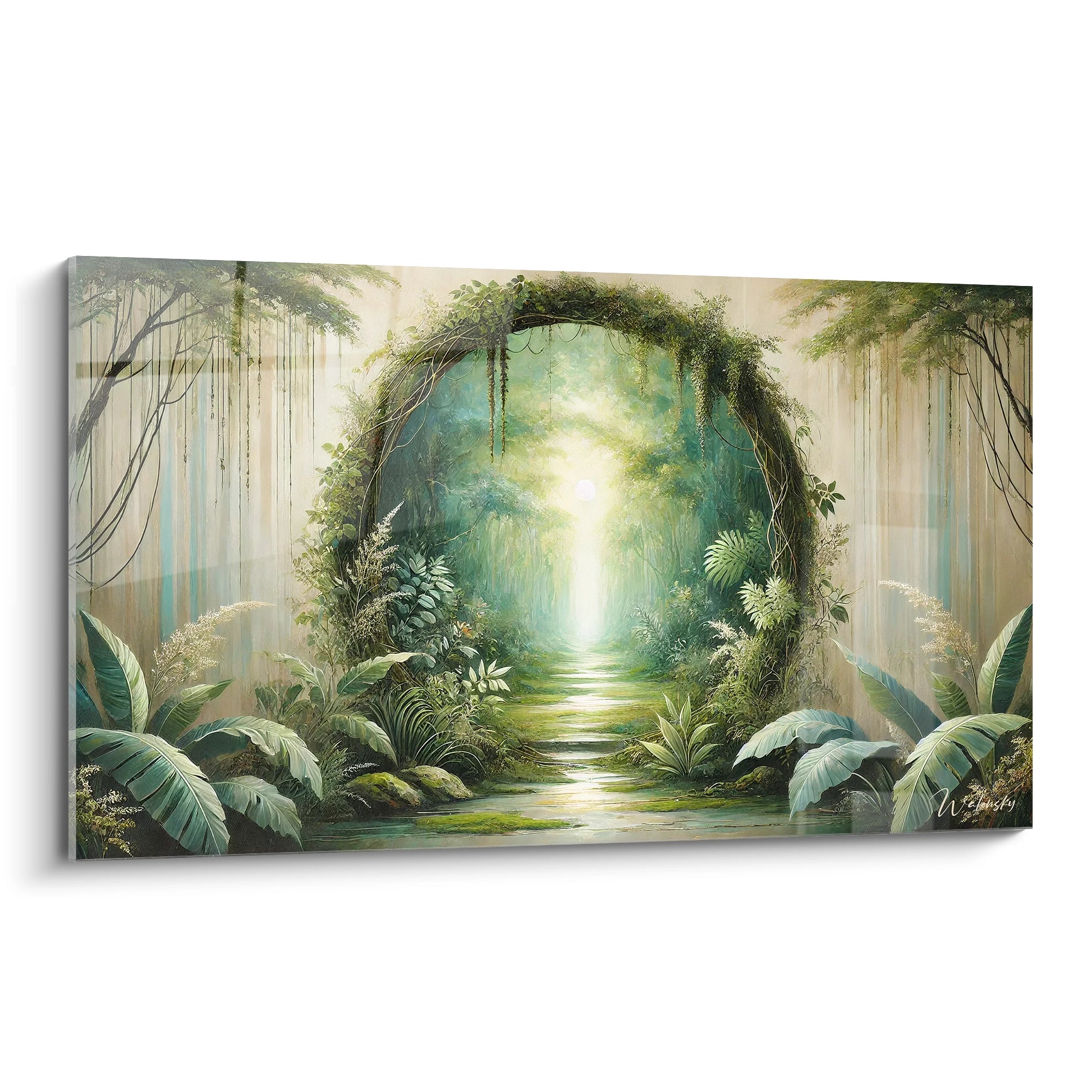 Découvrez ce tableau jungle, une invitation à l'émerveillement. Son chemin verdoyant invite à l'exploration, illuminé par une douce lumière qui évoque la nature sauvage.

