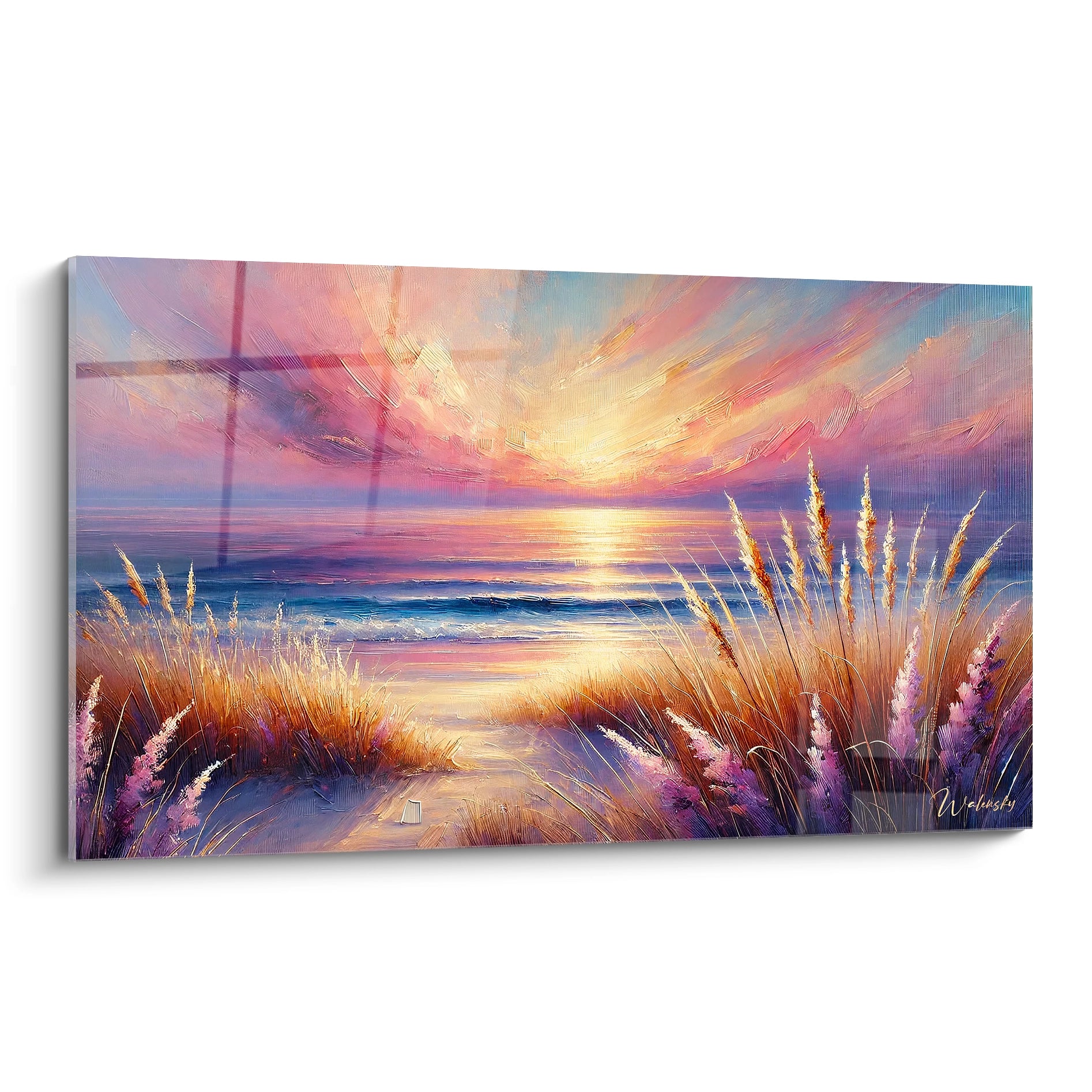 Découvrez ce tableau Mer captivant, vu de biais, révélant des couleurs chaudes qui évoquent un coucher de soleil vibrant et poétique. Une œuvre qui invite à la sérénité.

