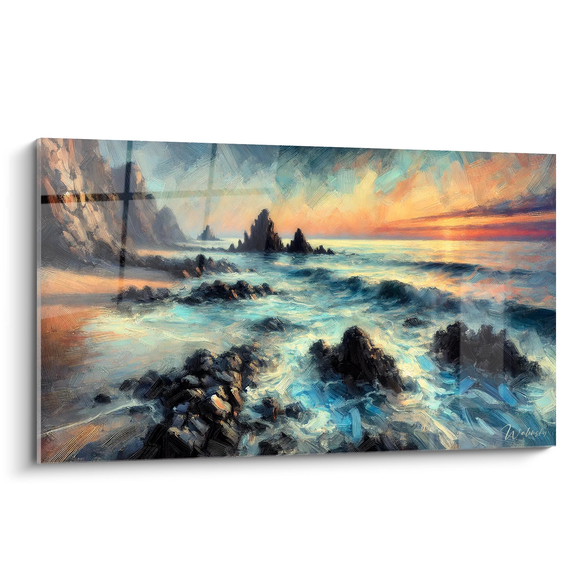 Découvrez ce tableau Mer qui capture la force sauvage de l'océan au crépuscule. Ses couleurs vibrantes et son mouvement vous transporteront vers une mer envoûtante.

