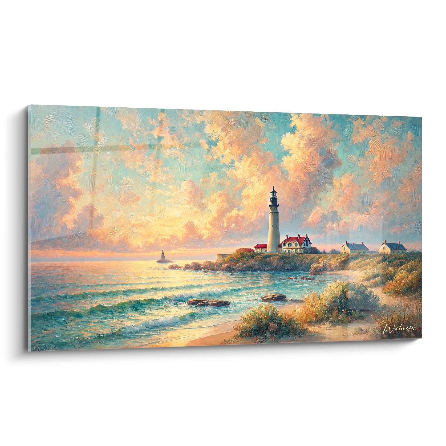 Découvrez ce tableau Mer qui sublime l'essence apaisante du bord de mer au lever du soleil. Sa vue de biais révèle des nuances vibrantes qui invitent à la contemplation.

