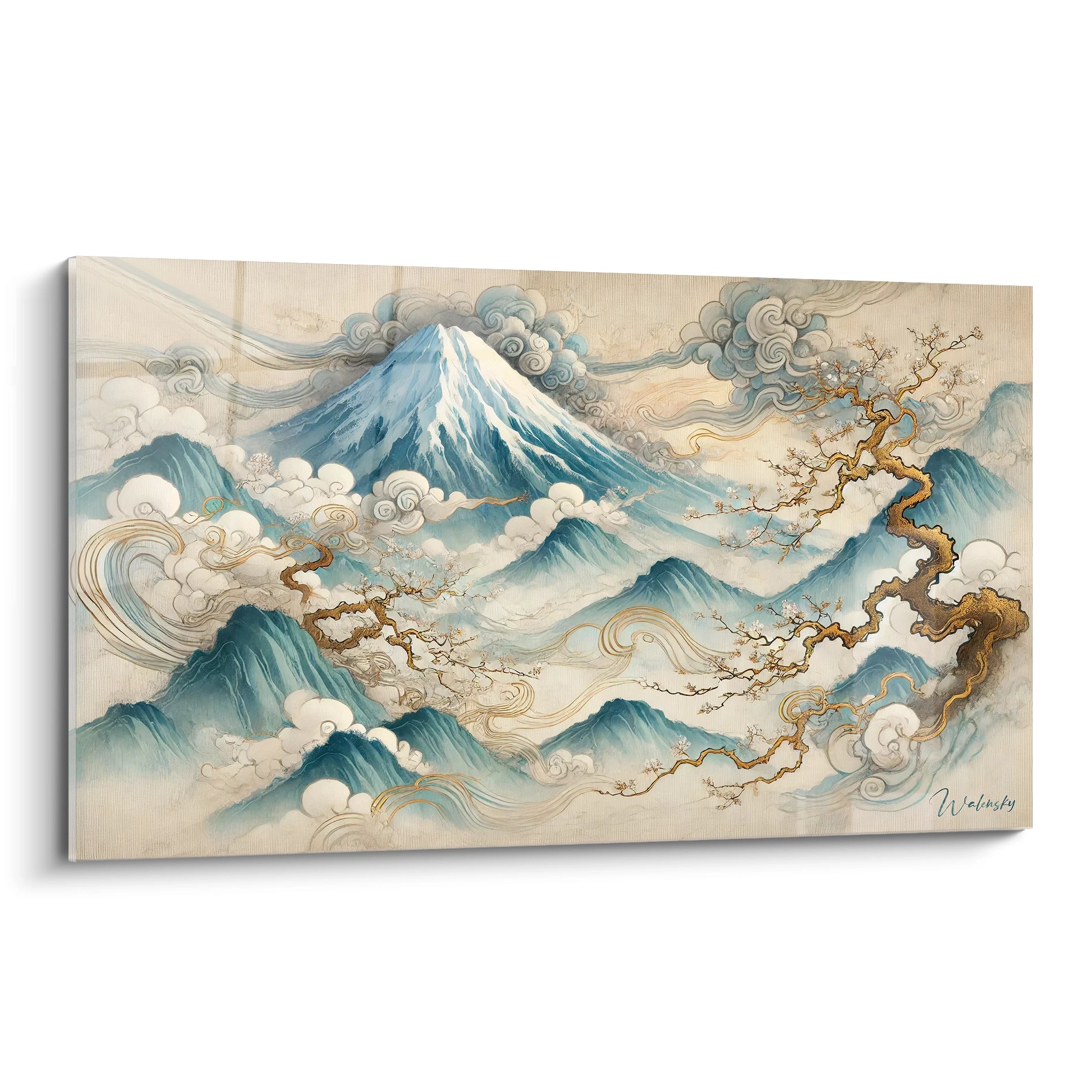 Tableau Mont Fuji en vue de biais revelant sa touche semi-abstraite et ses lignes dorees symbolisant la spiritualite Cette piece capte l essence intemporelle de cette montagne sacree