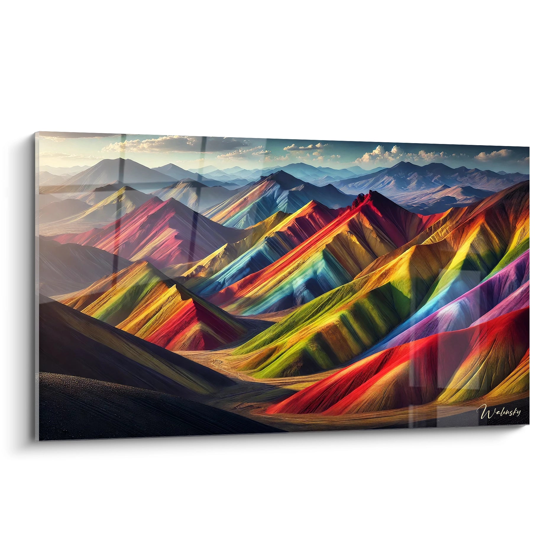 Admirez ce tableau Montagne unique, capturant la beauté des montagnes colorées avec des teintes vibrantes. Une présentation dynamique qui ajoute de l'art abstrait à votre décor.

