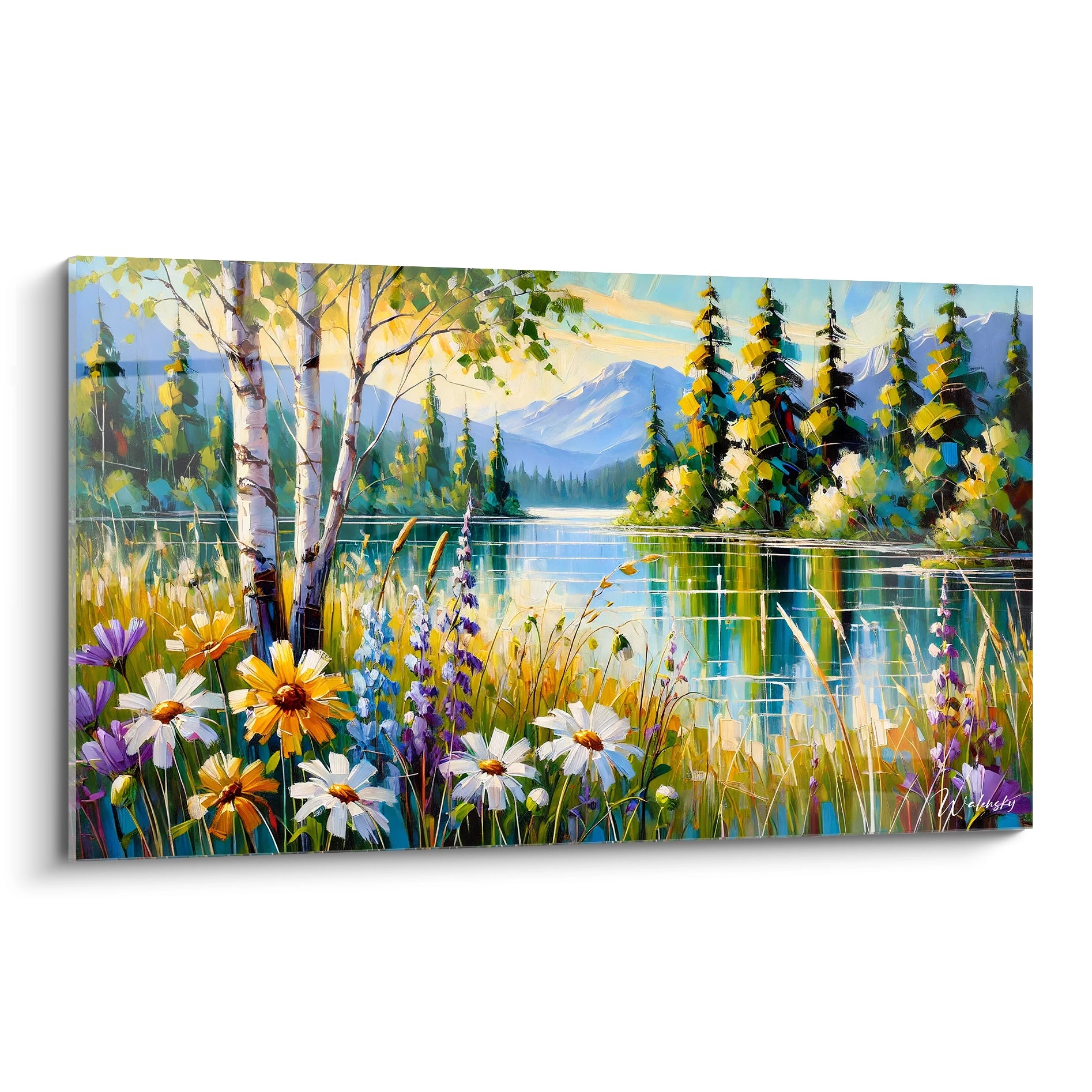 tableau scene naturelle vue de biais capture la serenite d un lac entoure de montagnes ce tableau paysage inspire calme et evasion ideal pour un interieur apaisant

