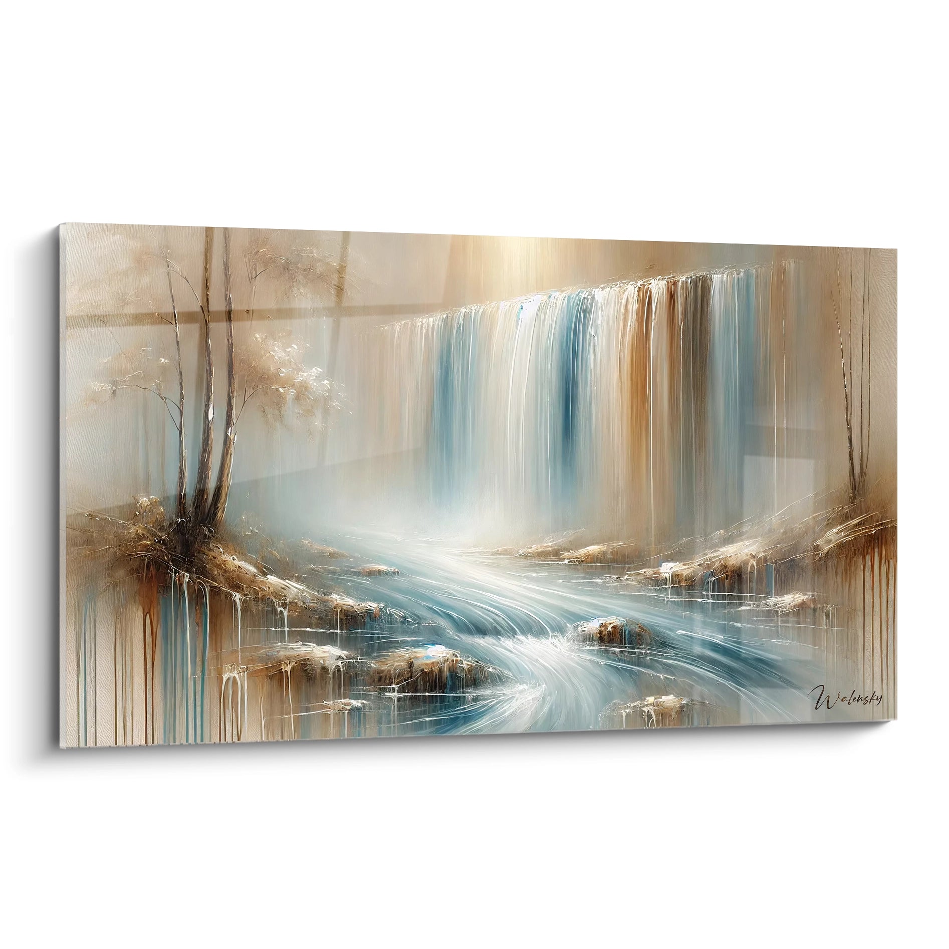 tableau paysage artistique vue de biais presente la serenite d une cascade abstraite dans des tons doux et etere parfait pour une touche d harmonie contemporaine dans un espace moderne

