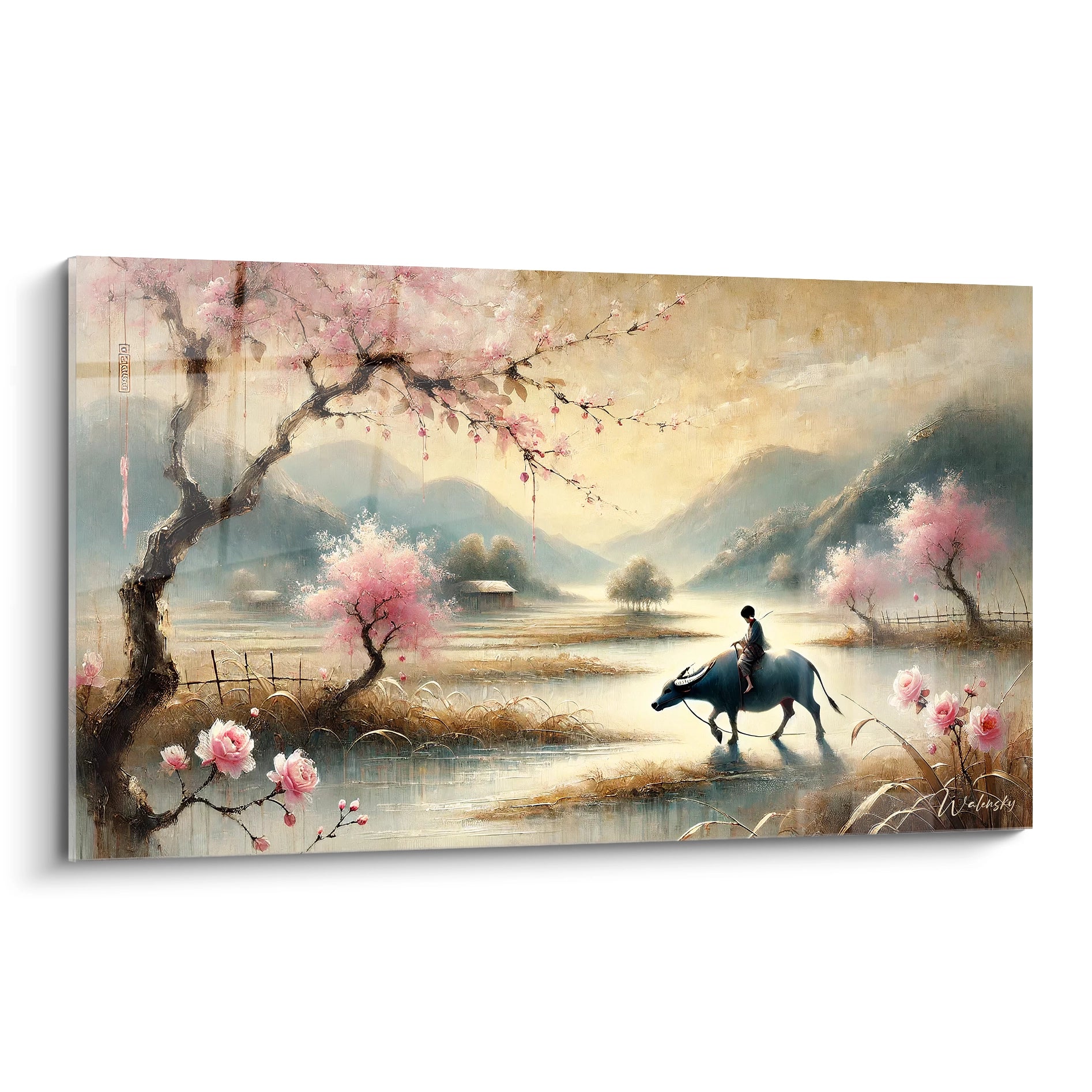 Admirez ce tableau peinture chinoise vue de biais, une scene harmonieuse et poetique qui capture un moment de calme absolu avec montagnes brumeuses et fleurs de cerisier.

