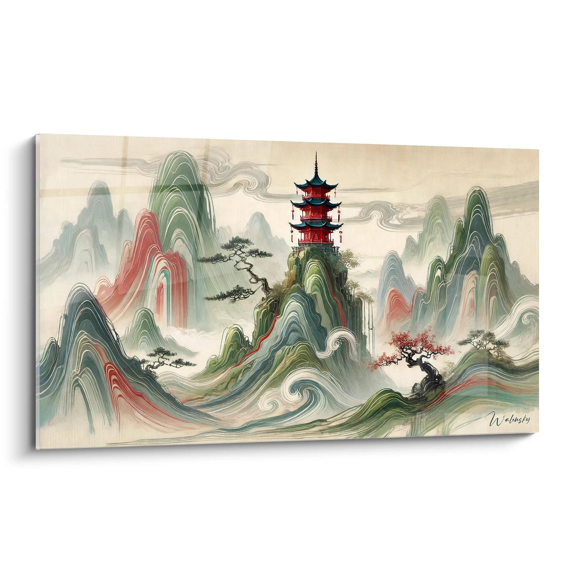 tableau peinture chinoise vu de biais avec des montagnes vertes ondulées pagode rouge brillante et fond beige brumeux


