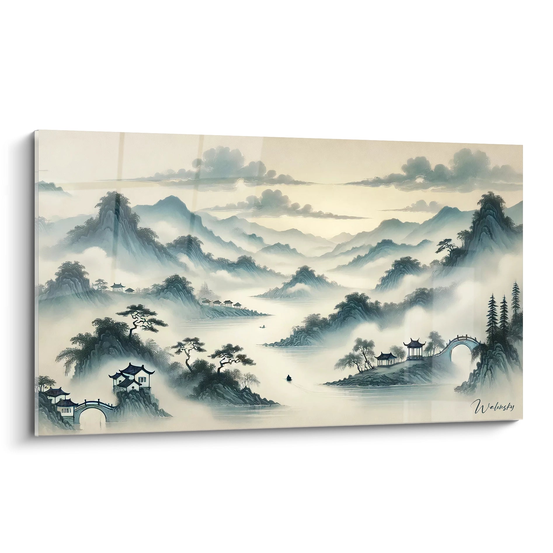 Tableau peinture chinoise vue de biais capturant la serenite des montagnes embrumees et des eaux calmes un hommage aux traditions chinoises et a l harmonie entre nature et architecture

