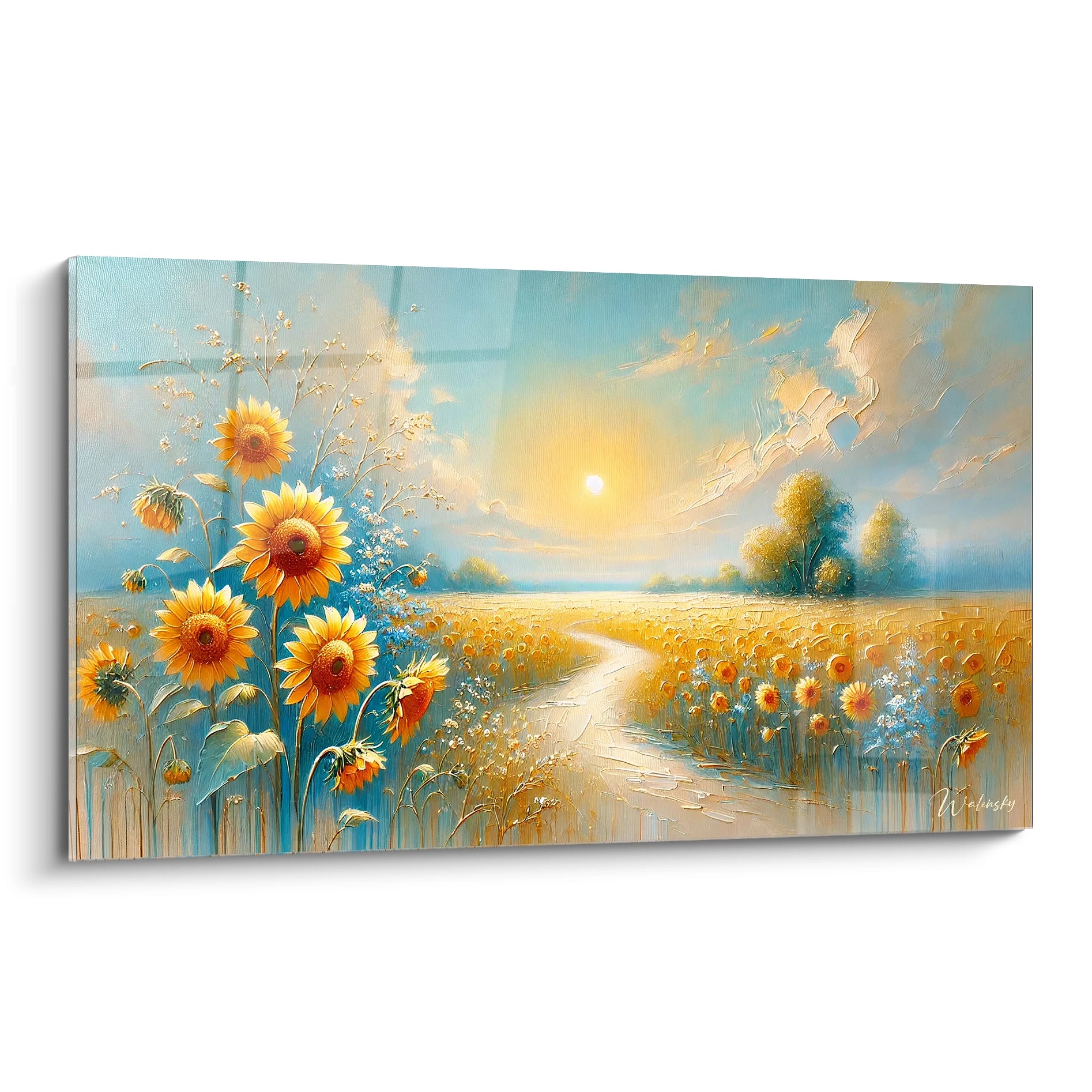 tableau Campagne vue de biais capture la serenite d un champ de tournesols baigne dans la lumiere doree du matin ideal pour une touche de nature dans votre interieur

