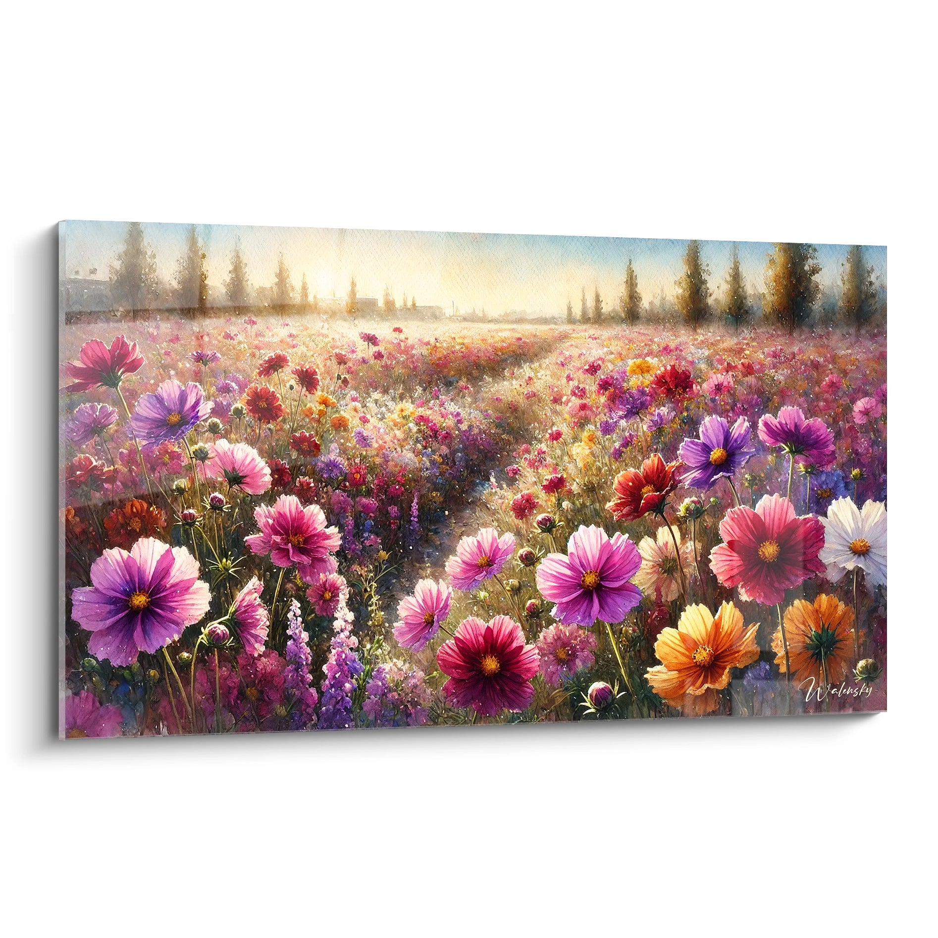 tableau campagne vu de biais capture la magie d un champ de fleurs sauvages sous la lumiere douce d un matin d ete nuances de rose violet et orange evoquent l harmonie et la serenite de la nature

