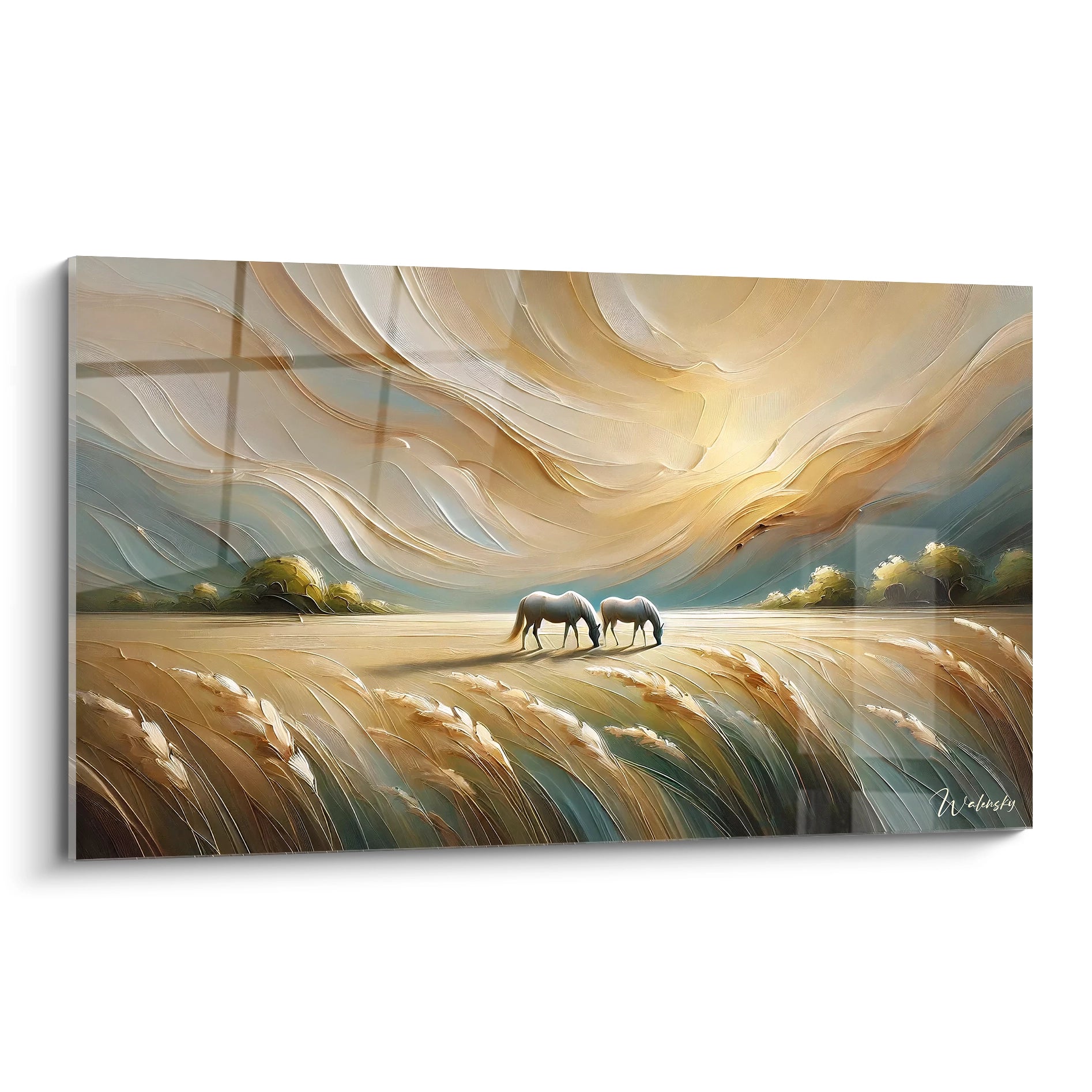 tableau Campagne avec vue de biais capturant un champ dore et deux chevaux paisibles sous un ciel texture et mouvant pour une ambiance de serenite et de fluidite naturelle

