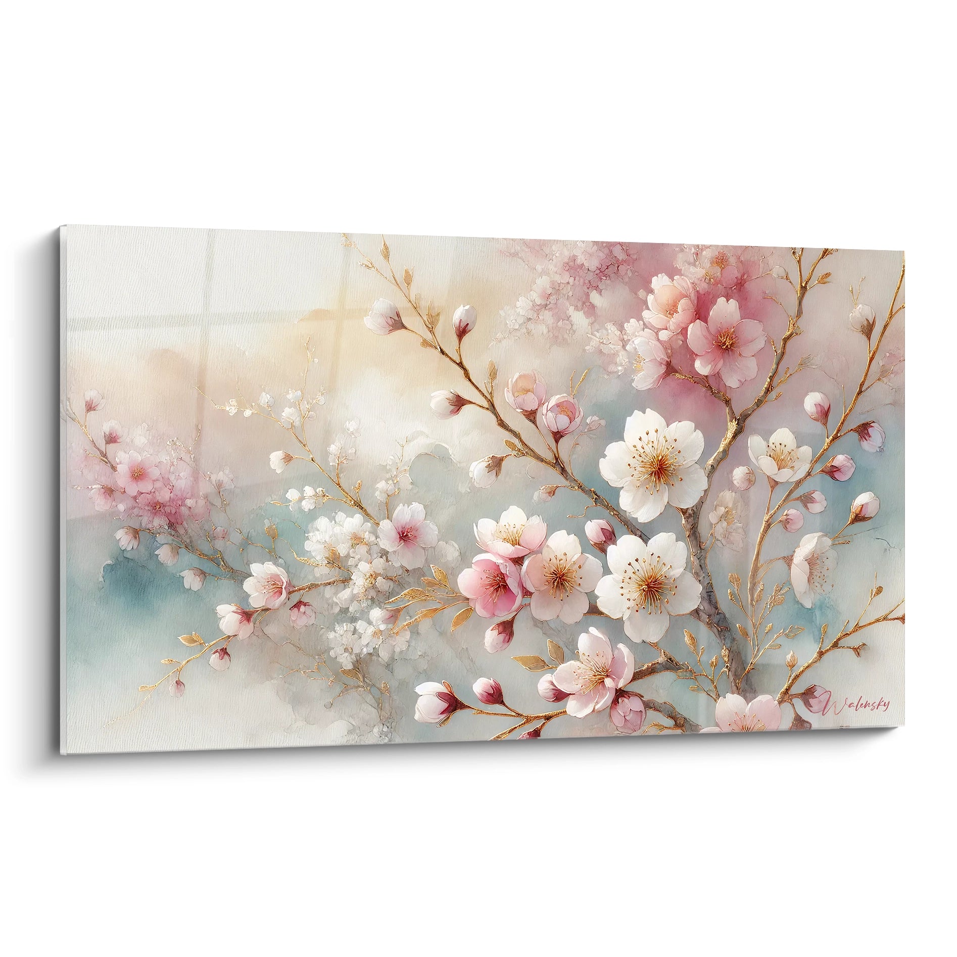 Ce tableau sakura vu de biais met en valeur chaque pétale délicat, capturant la douceur et l'ephémère du printemps. Les touches d’or ajoutent un éclat subtil a l'oeuvre.

