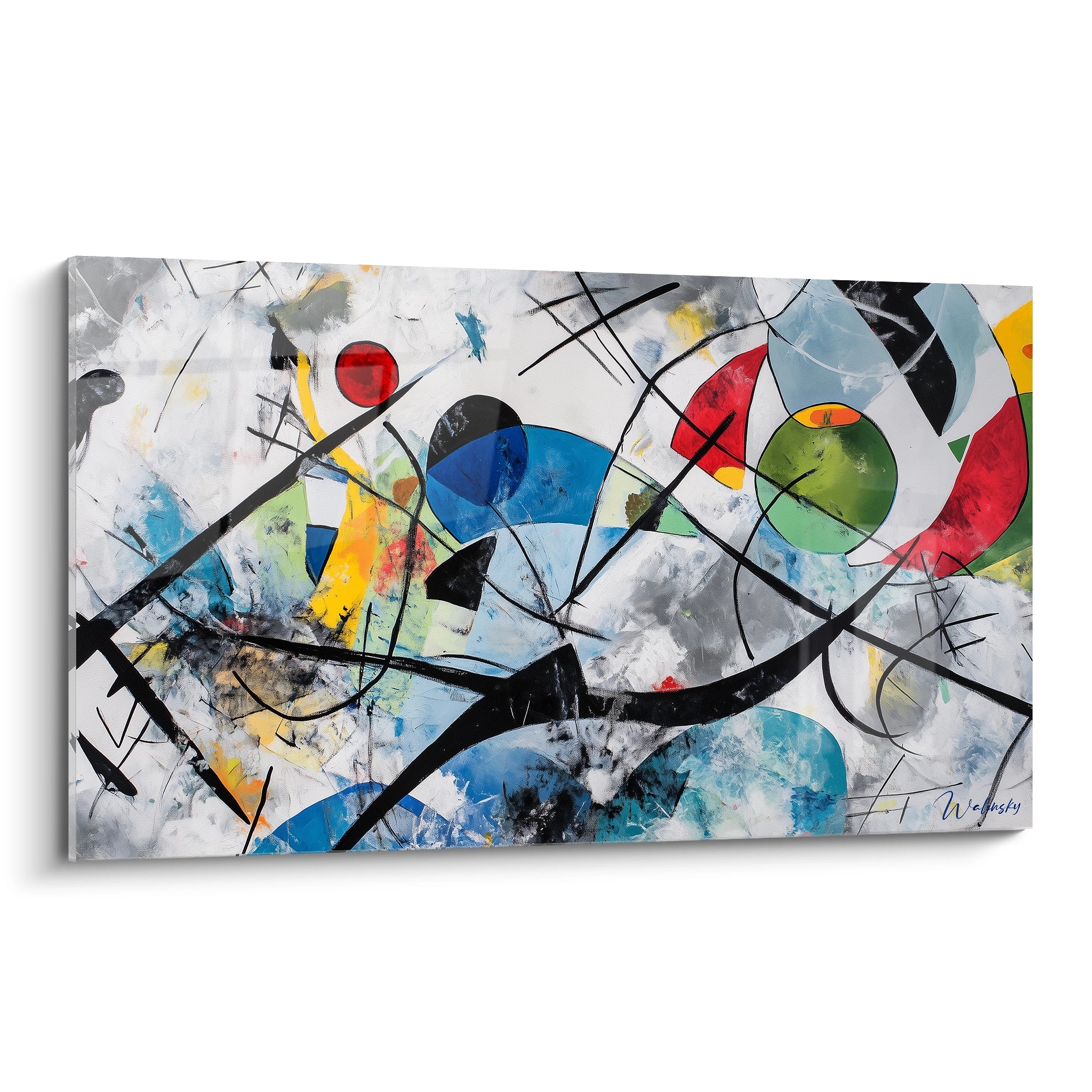 Un tableau artistique abstrait composé de lignes noires entrecroisées, avec des formes en rouge vif, bleu, vert et jaune sur un fond texturé gris et blanc.

