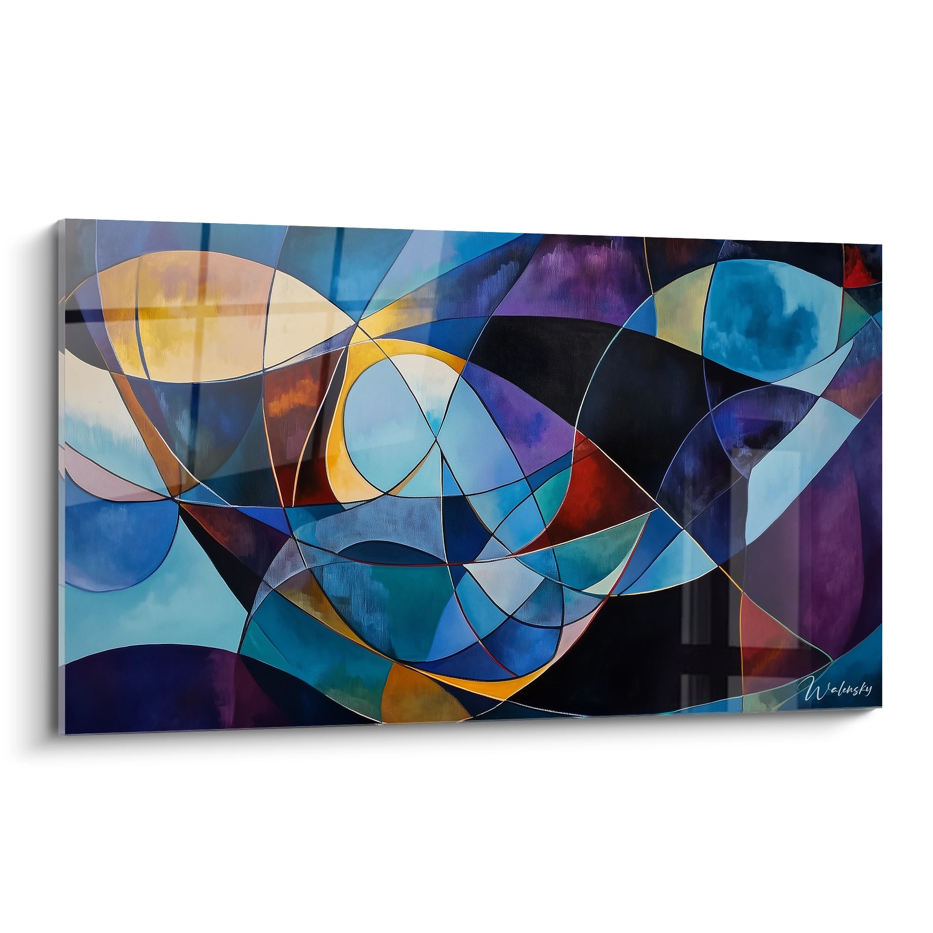 Un tableau artistique abstrait composé de formes géométriques courbes, avec des couleurs dominantes bleu, violet et jaune, et des textures lisses sur fond dégradé.

