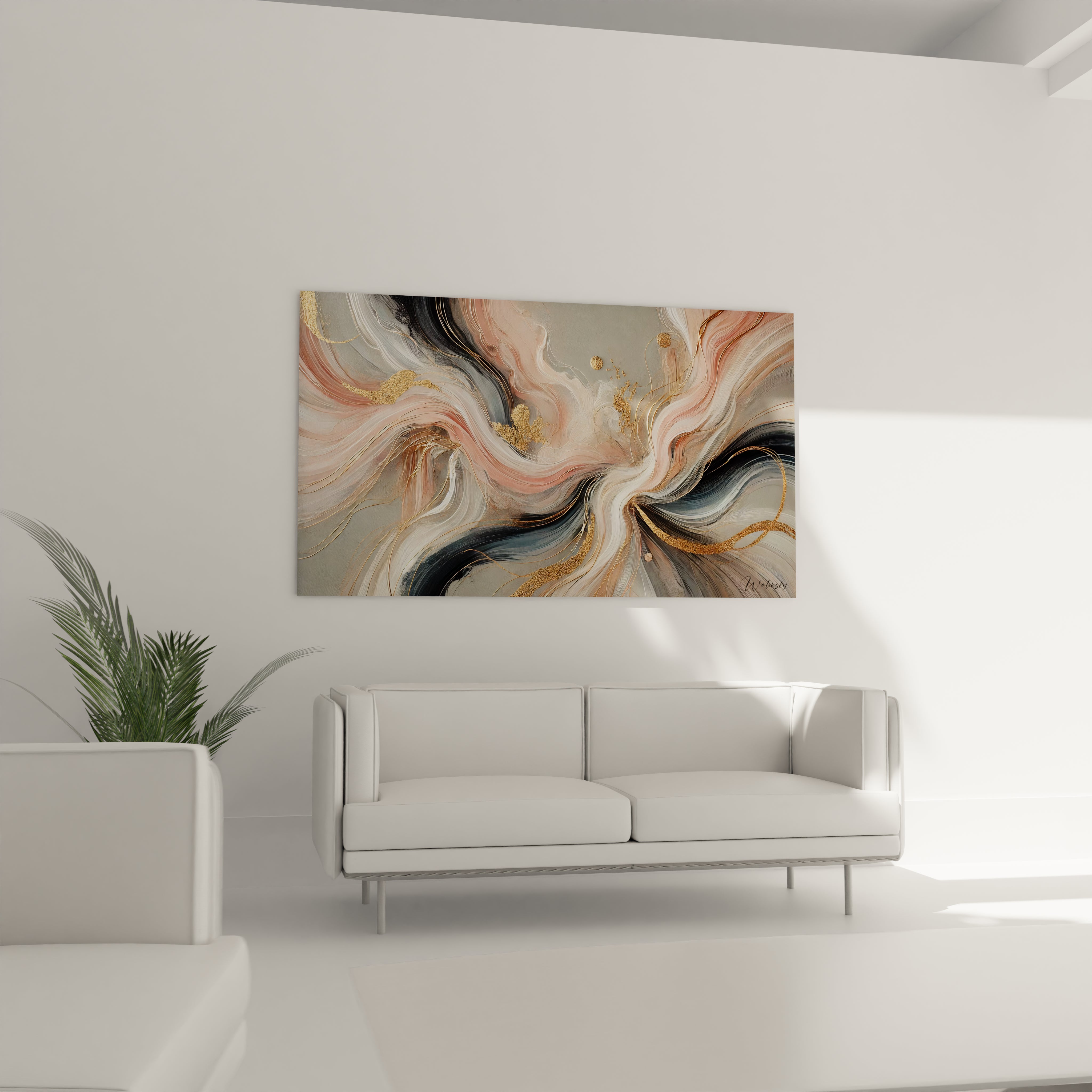 Tableau abstrait au-dessus du canapé dans un salon moderne. Les tons doux, les accents dorés et les courbes fluides enrichissent la décoration, offrant une sensation de luxe et de dynamisme à la pièce.