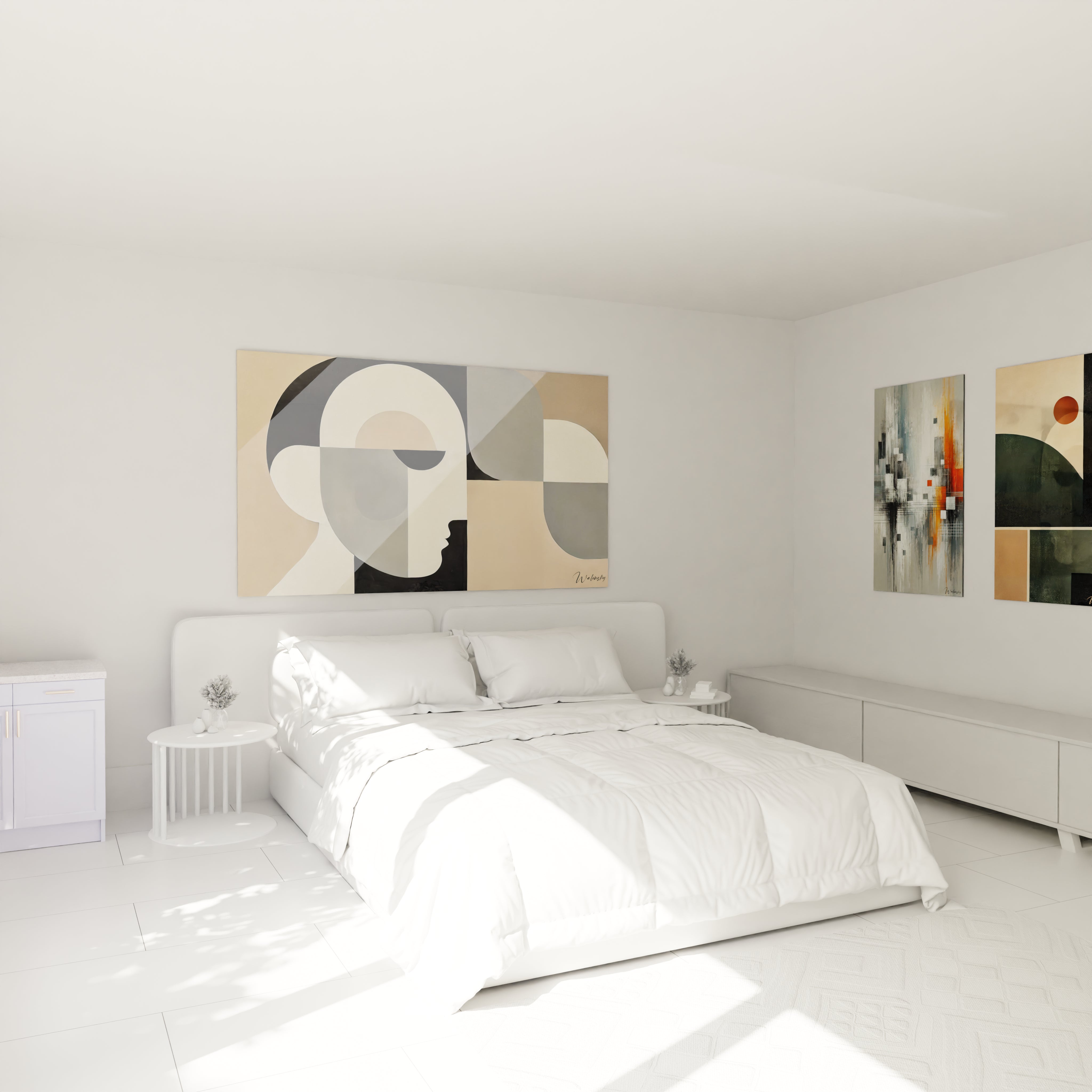 Ce tableau abstrait sublime la chambre avec son visage stylisé et ses formes géométriques. Idéal pour un espace moderne, il ajoute élégance et sérénité à votre décoration.
