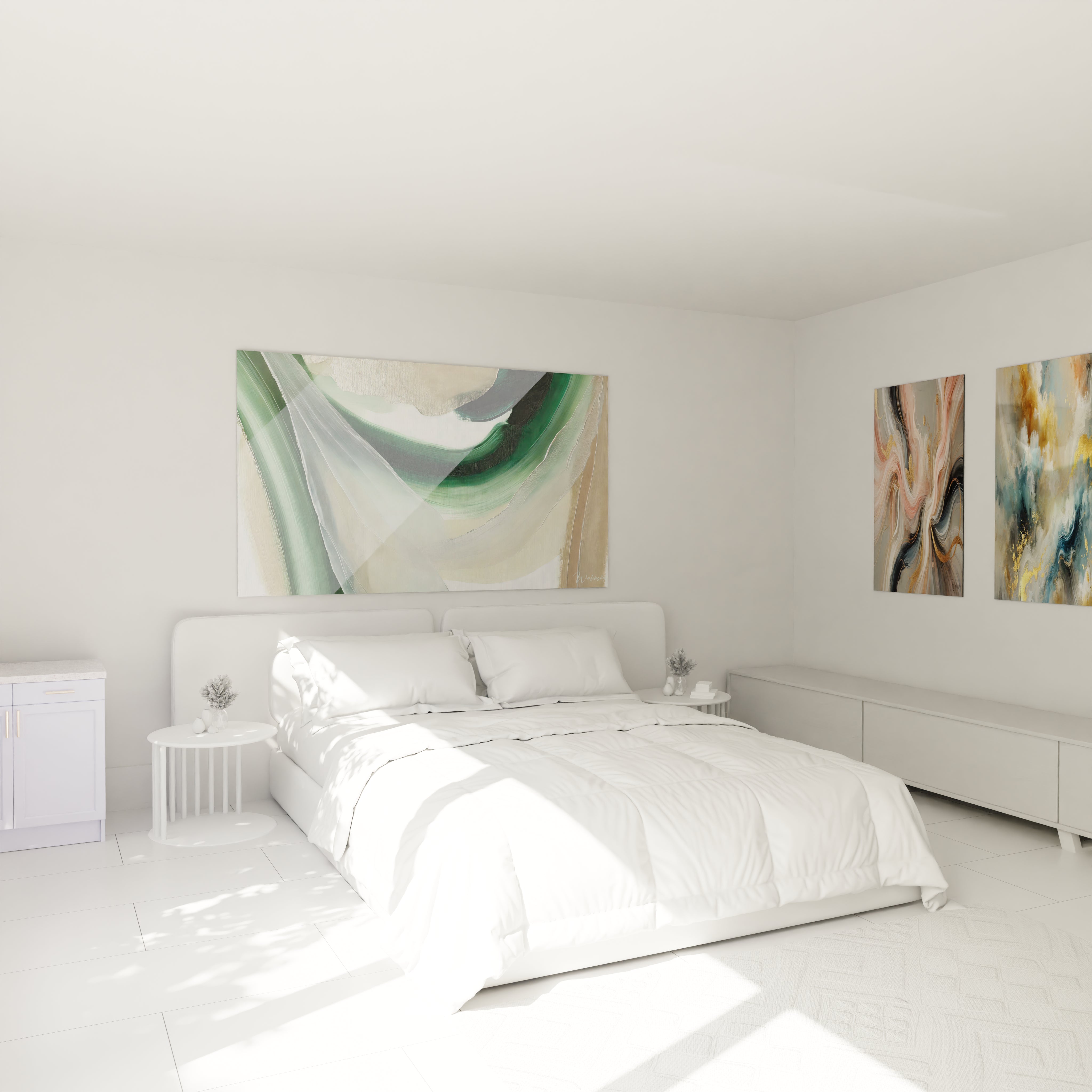 Tableau abstrait vert et beige accroché au-dessus d'un lit. Idéal pour une chambre à l’ambiance sereine, apportant une touche de nature stylisée et d'élégance moderne.