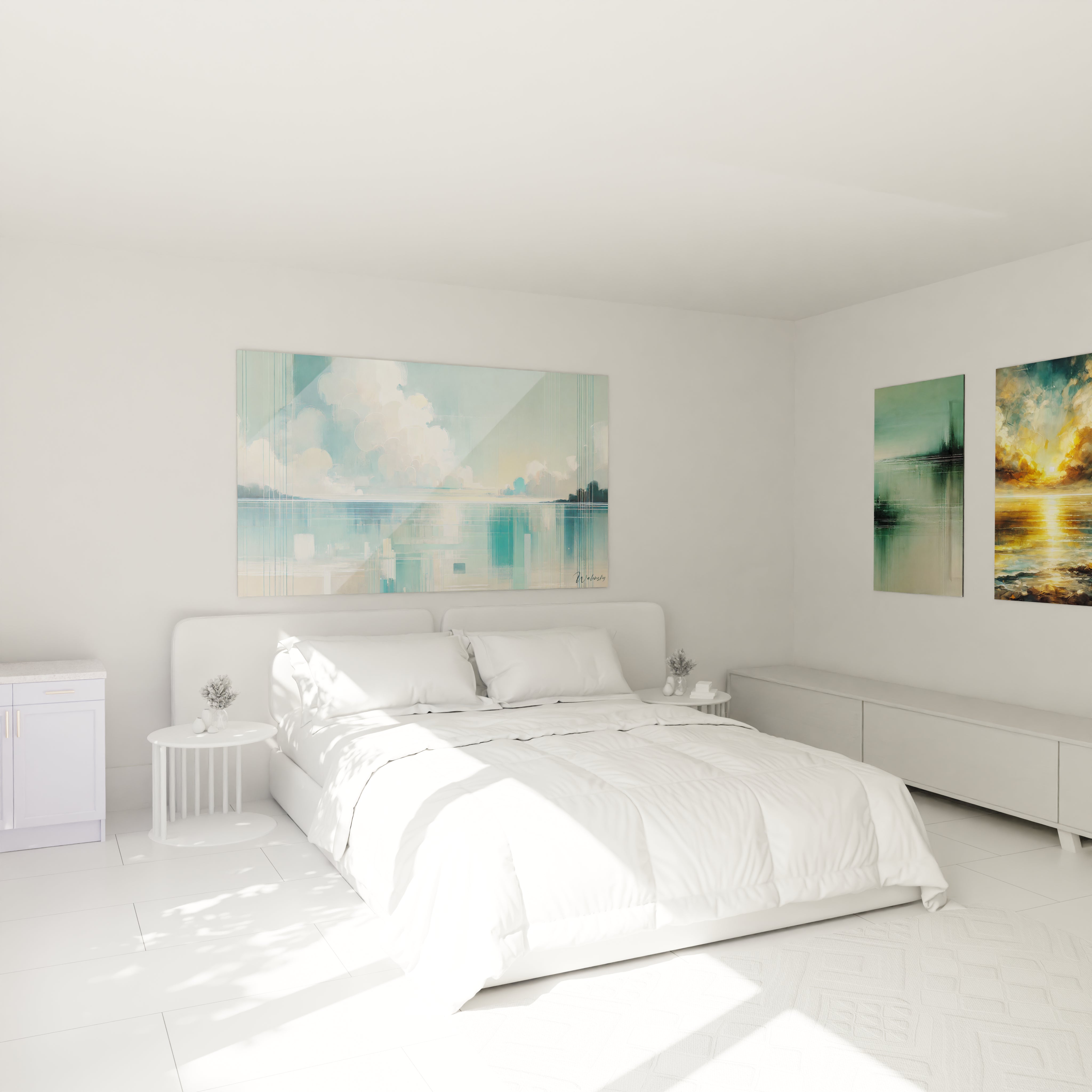 "Le tableau 'Brume d'Azur' apporte une ambiance sereine à cette chambre, ses tons bleu et vert pastel ajoutent une touche de calme et de modernité à la décoration murale."

