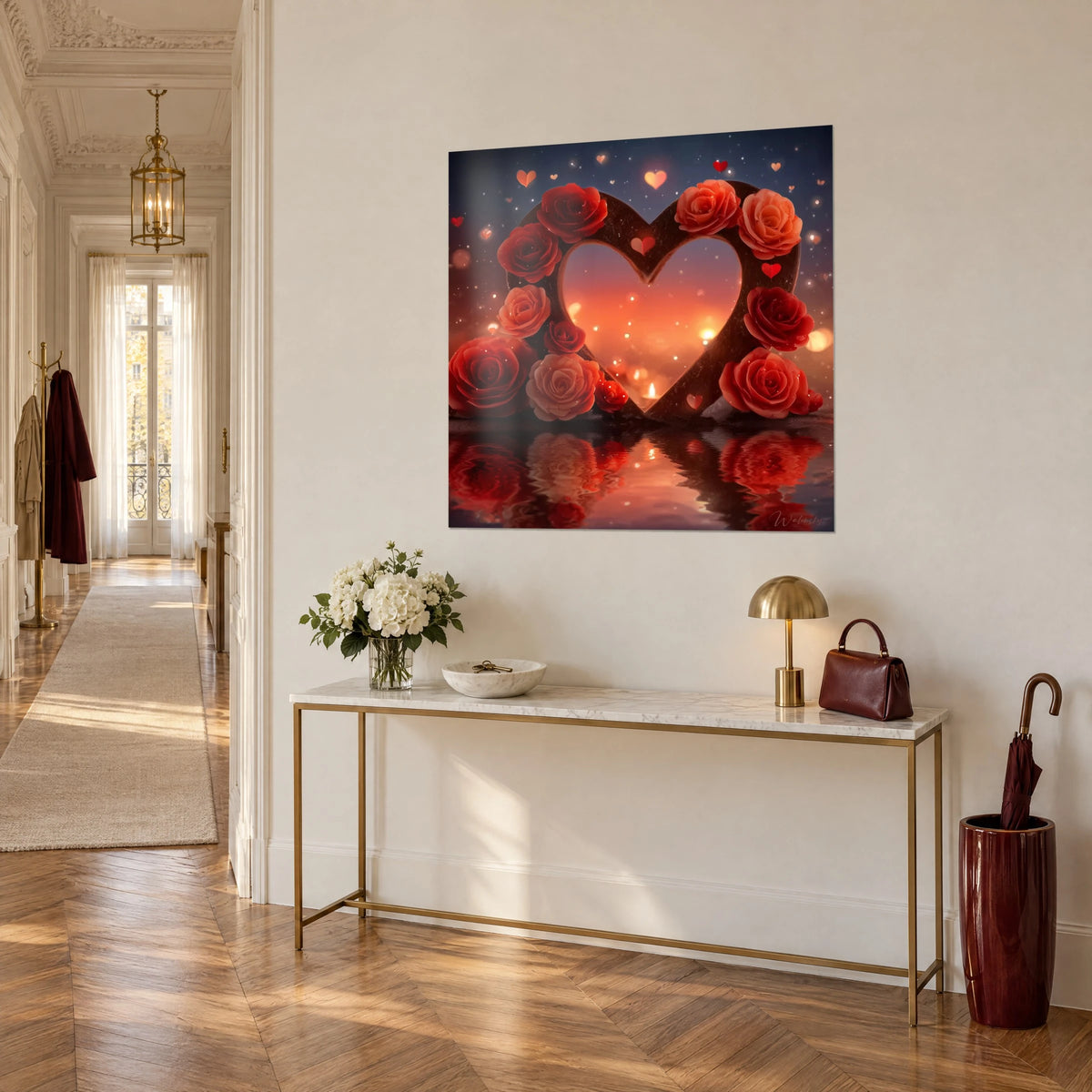 Cuadro corona de rosas escarlata y melocotón alrededor de un corazón ámbar, lluvia de corazoncitos, consola dorada en un pasillo estilo Haussmann