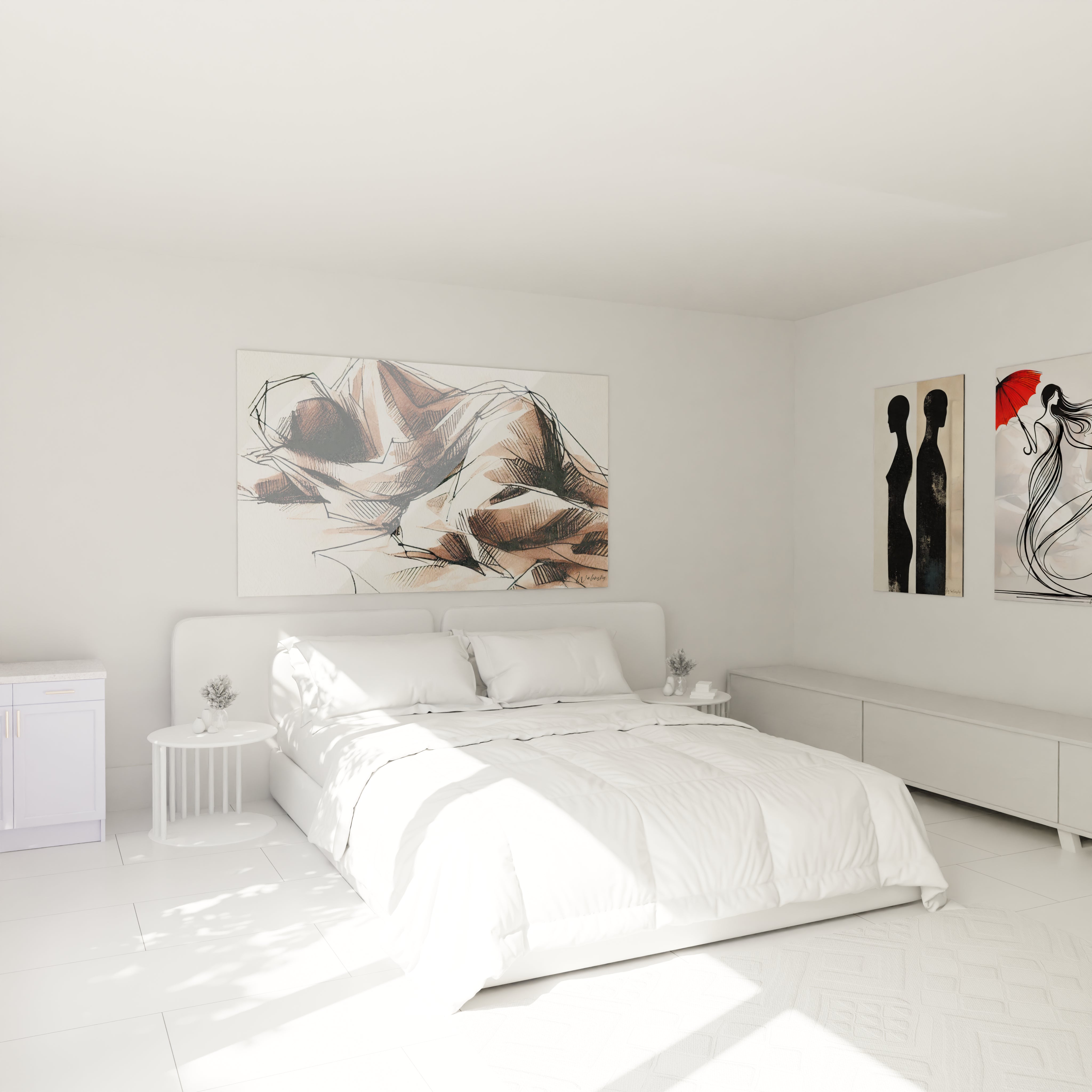 Décoration murale de chambre avec un tableau corps abstrait. Les nuances terreuses et le style graphique donnent une ambiance moderne et apaisante à l’espace."