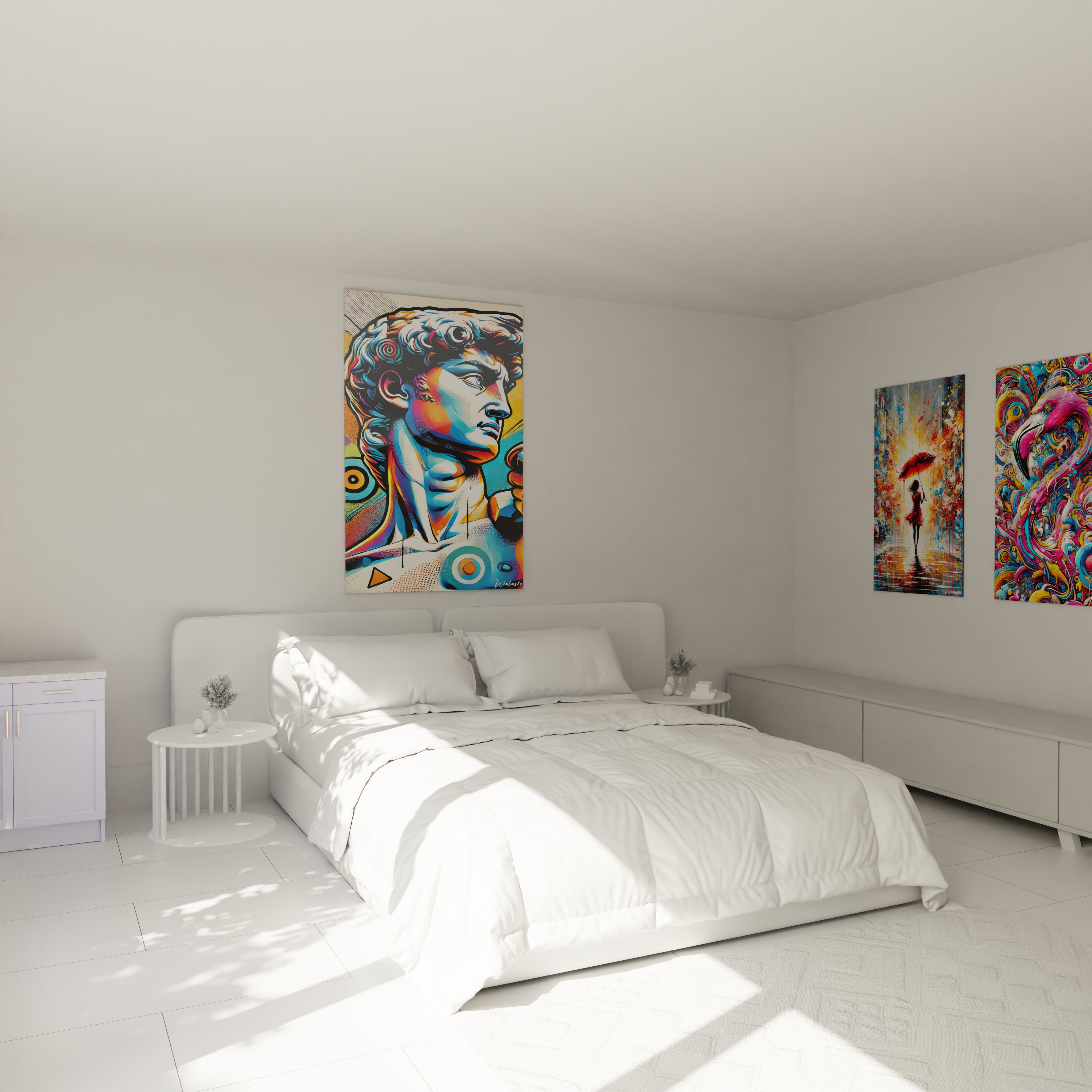 Le tableau "David" dans une chambre moderne, accroché au-dessus du lit, apporte une touche d'énergie et de couleurs vives à l'espace. Un mariage parfait de classique et de pop art.