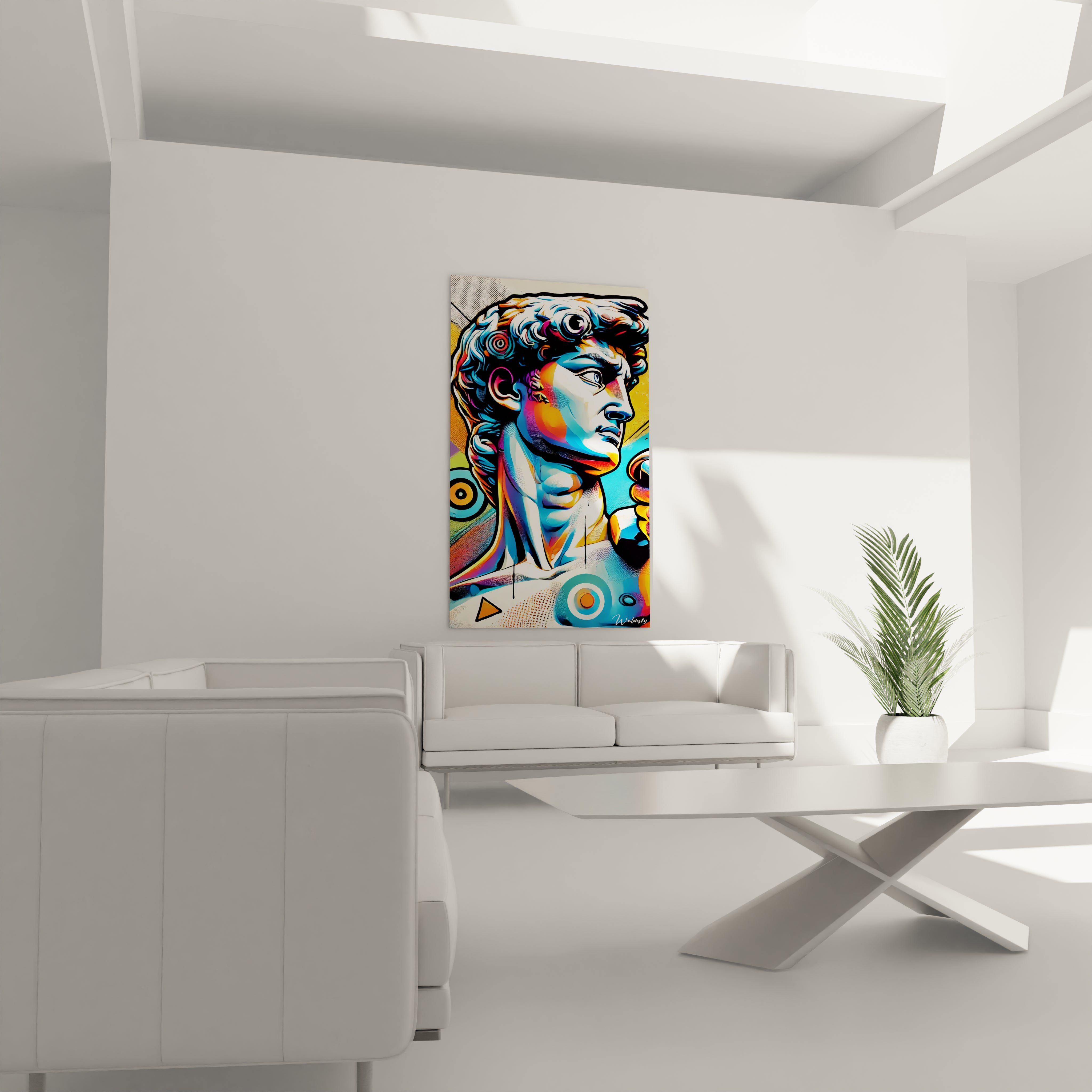 Le "David" de Michel-Ange version pop art, accroché au-dessus d'un canapé dans un salon. Ses couleurs vives et ses formes graphiques dynamisent l'ambiance de la pièce.