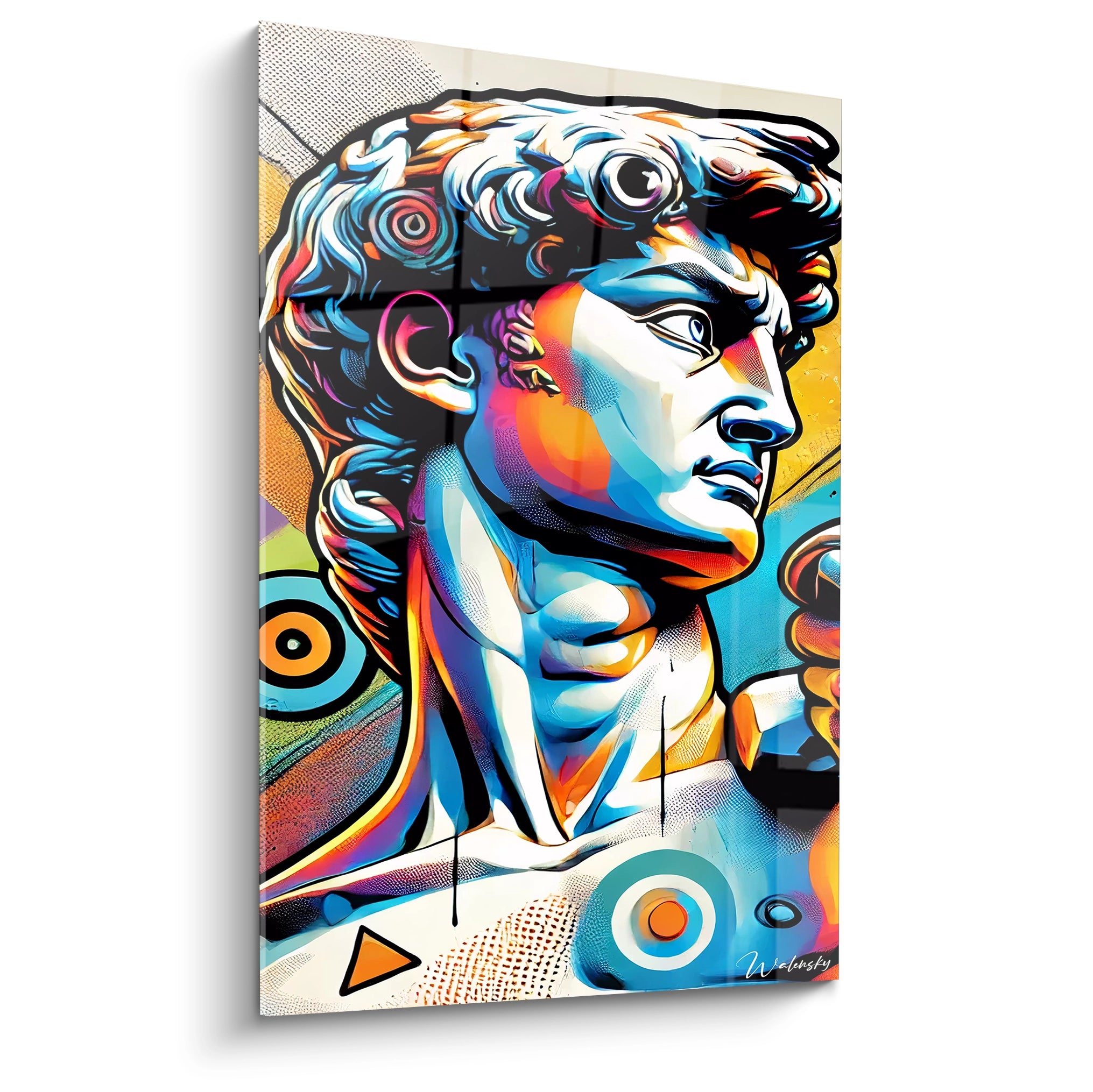 Admirez ce tableau contemporain du "David" de Michel-Ange, revisité dans un style pop art vibrant, avec des tons de bleu, orange et jaune, vue de biais pour un effet dynamique.