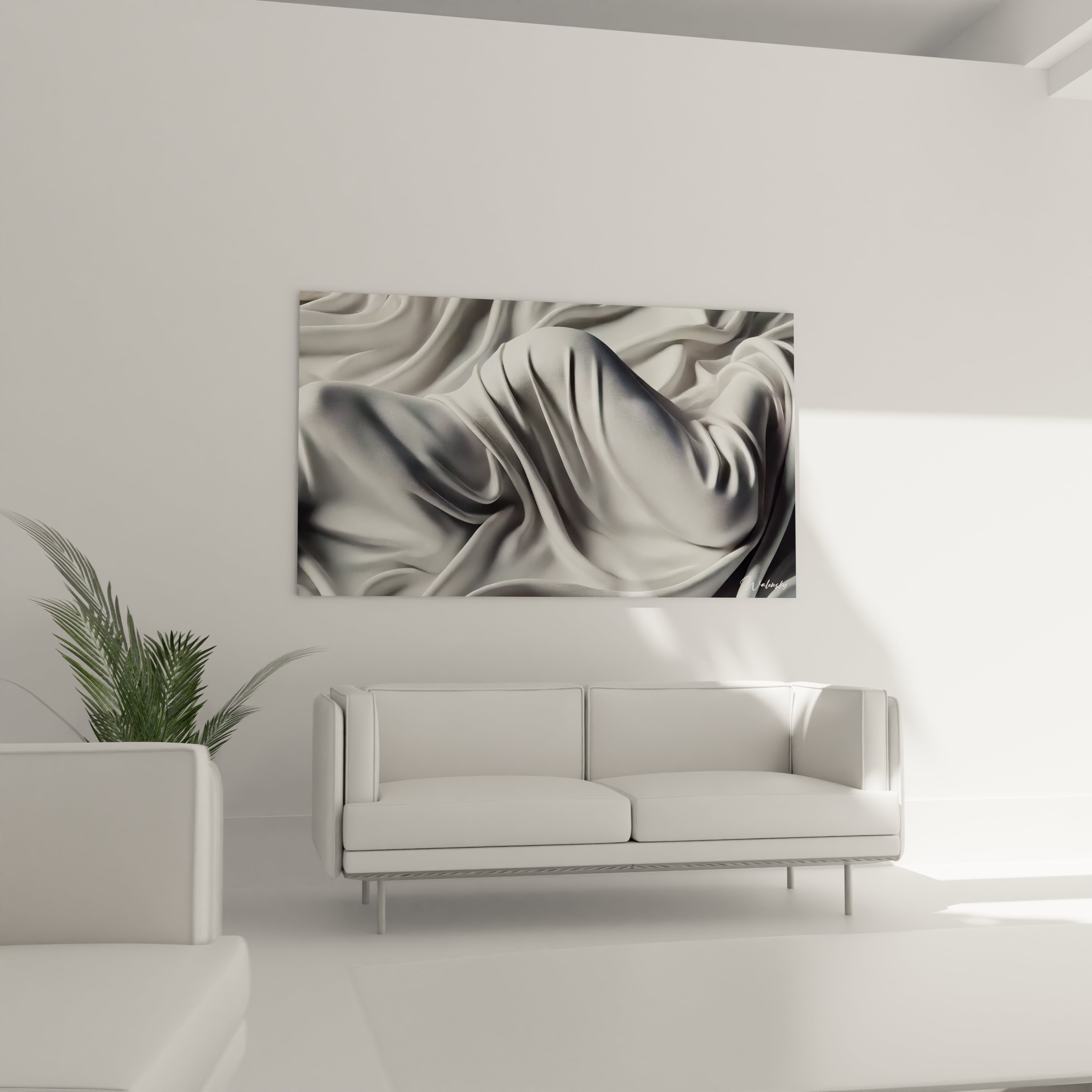 Dans le salon, le tableau abstrait du corps drapé apporte élégance et mystère. La texture soyeuse et les ombres subtiles se marient parfaitement à l’espace moderne.