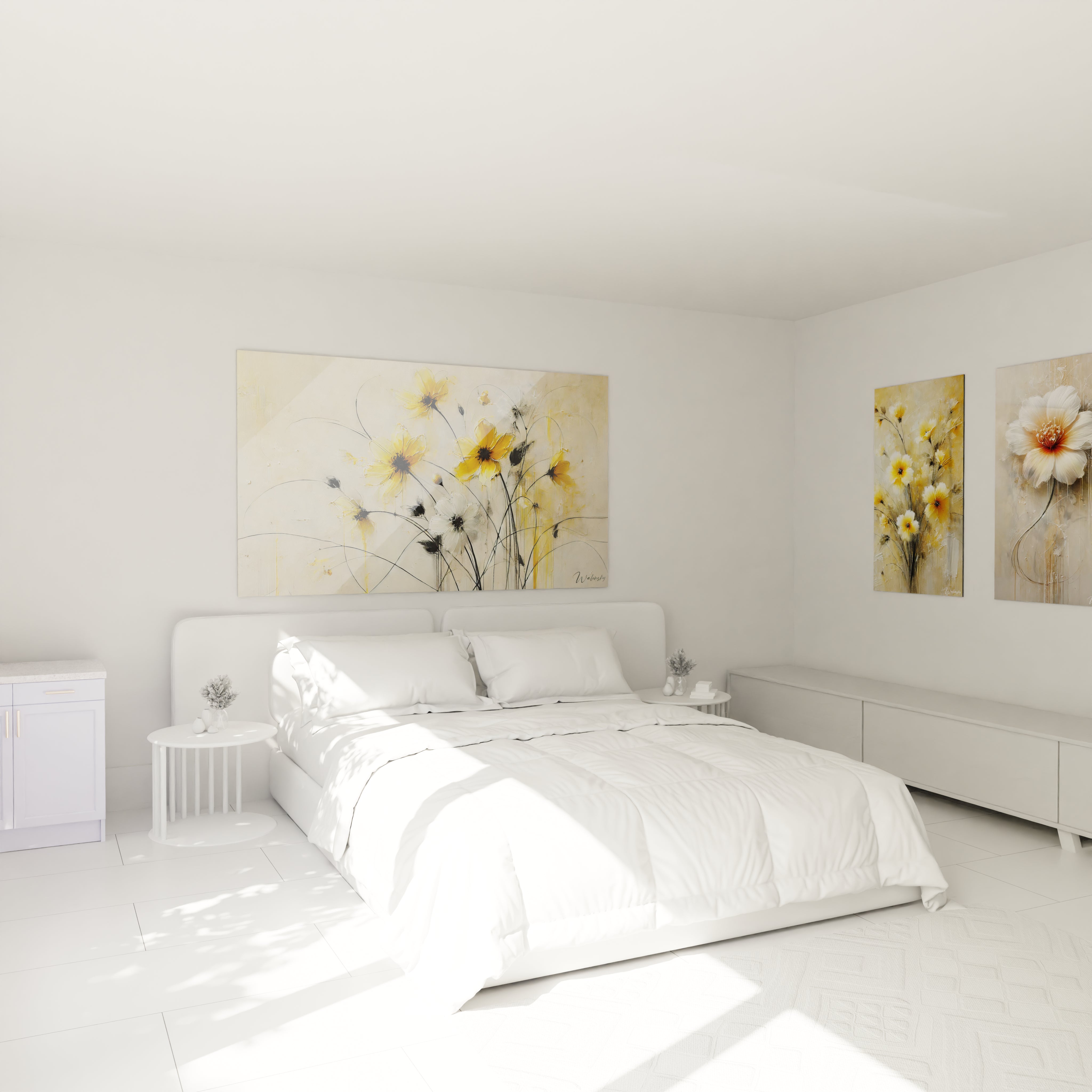 Tableau "Fleurs de Soleil" - Éveillez la fraîcheur de votre chambre avec ce tableau floral aux teintes jaunes et blanches. Idéal au-dessus du lit pour une atmosphère sereine.