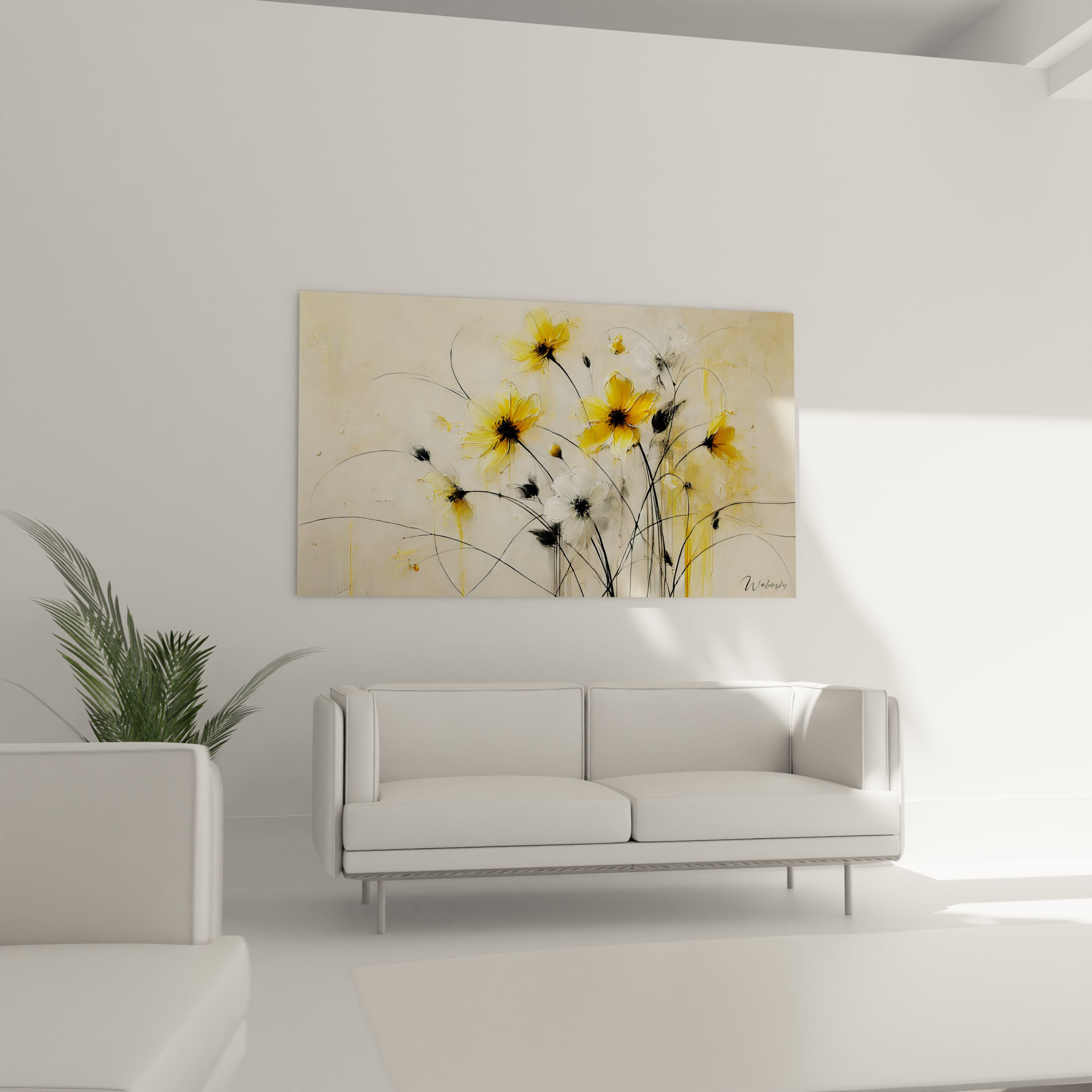 Tableau "Fleurs de Soleil" - Ajoutez une touche de lumière à votre salon. Le contraste jaune-blanc apporte une ambiance chaleureuse et naturelle au-dessus du canapé.