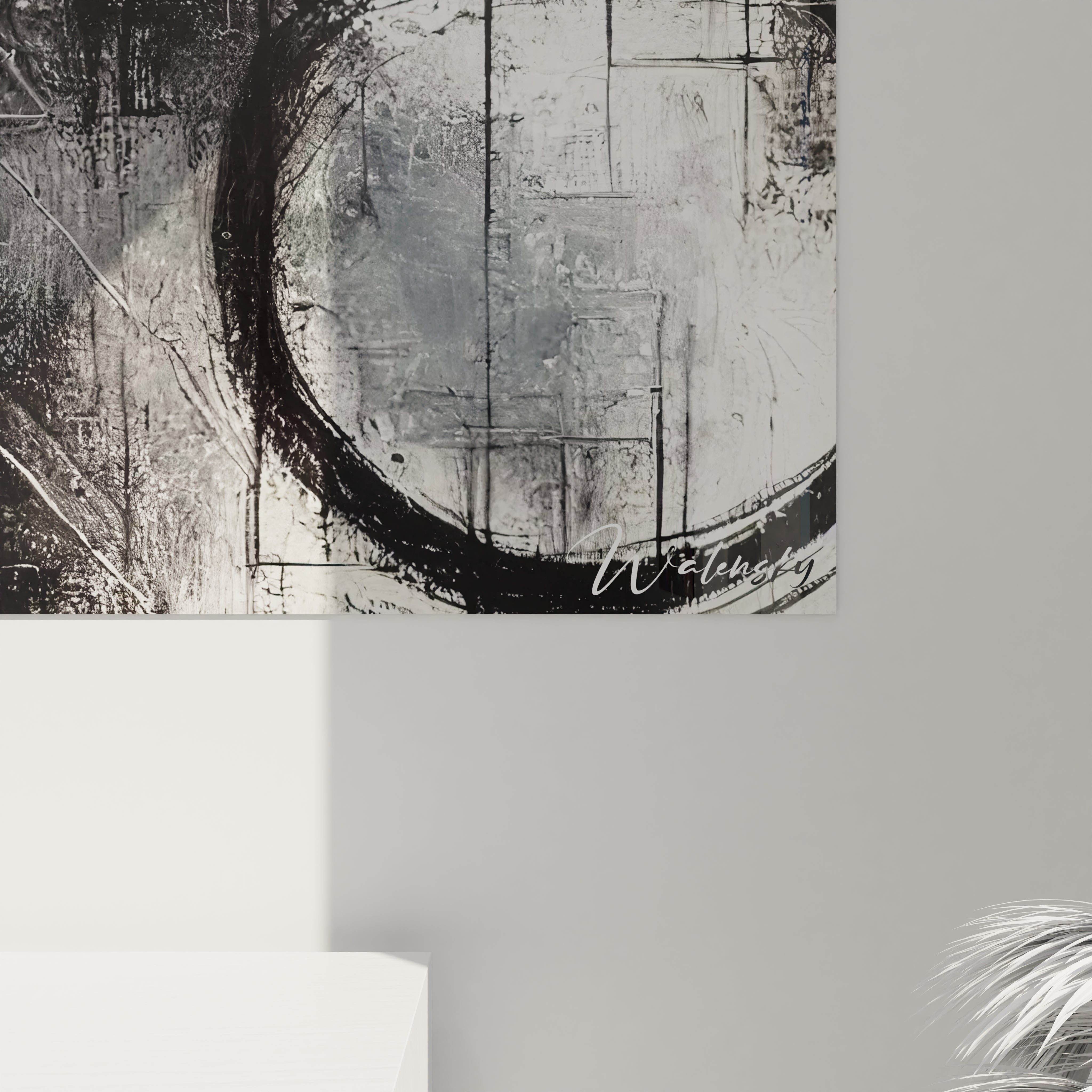 "Gros plan sur 'Fragments d’Absolu', révélant les détails des coups de pinceau et des hachures. Le mélange de textures brutes et lisses crée un effet de tension artistique unique."