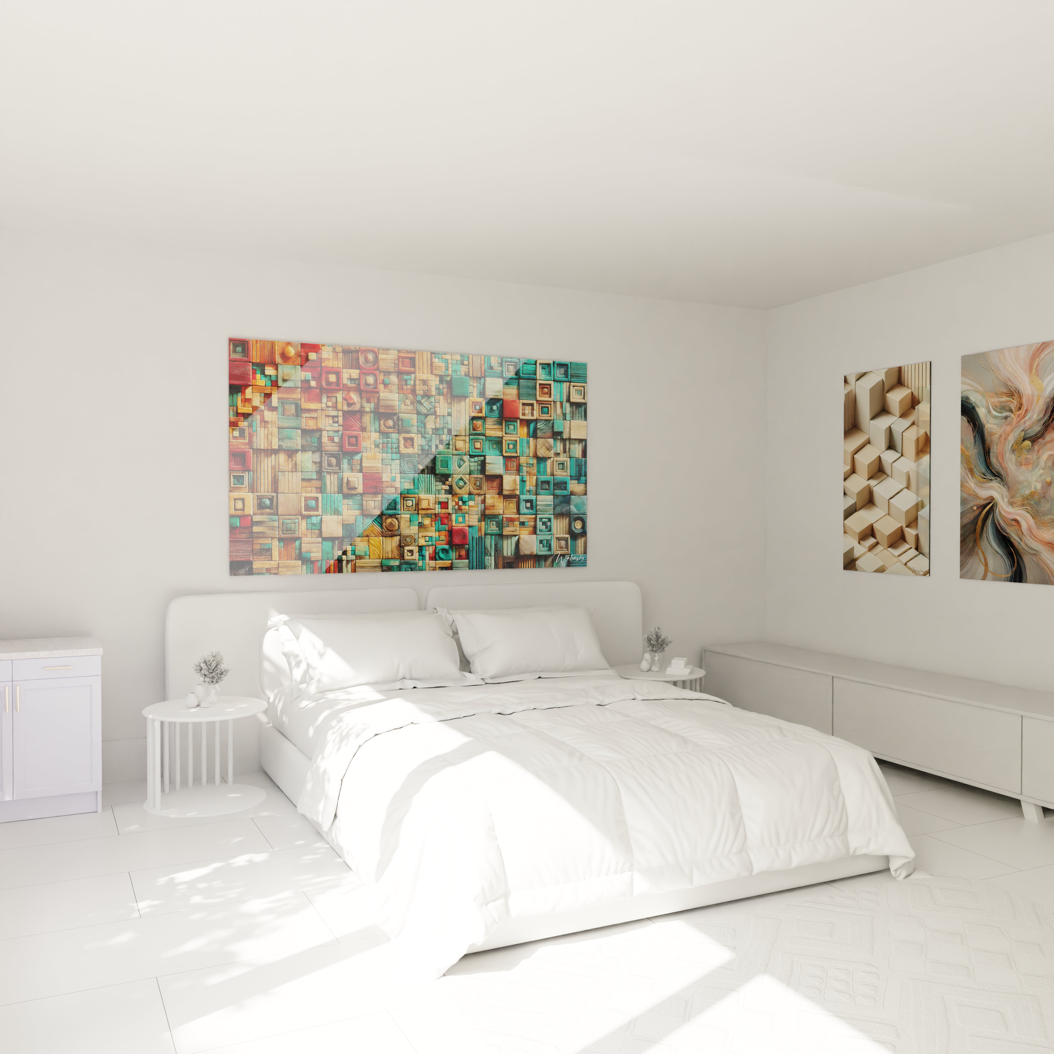 Le tableau 'Imbrication des Couleurs' suspendu au-dessus du lit dans une chambre moderne, apportant des tons chauds et des textures boisées pour une ambiance apaisante."