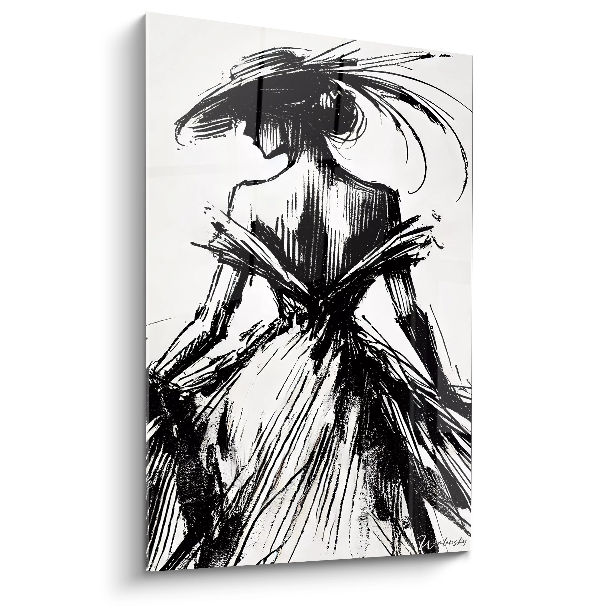 "L'Ombre de l'Élégance" ✨ : Tableau en noir et blanc, silhouette féminine de dos avec chapeau. Lignes fluides et dynamiques pour une touche d'élégance et de mystère.

