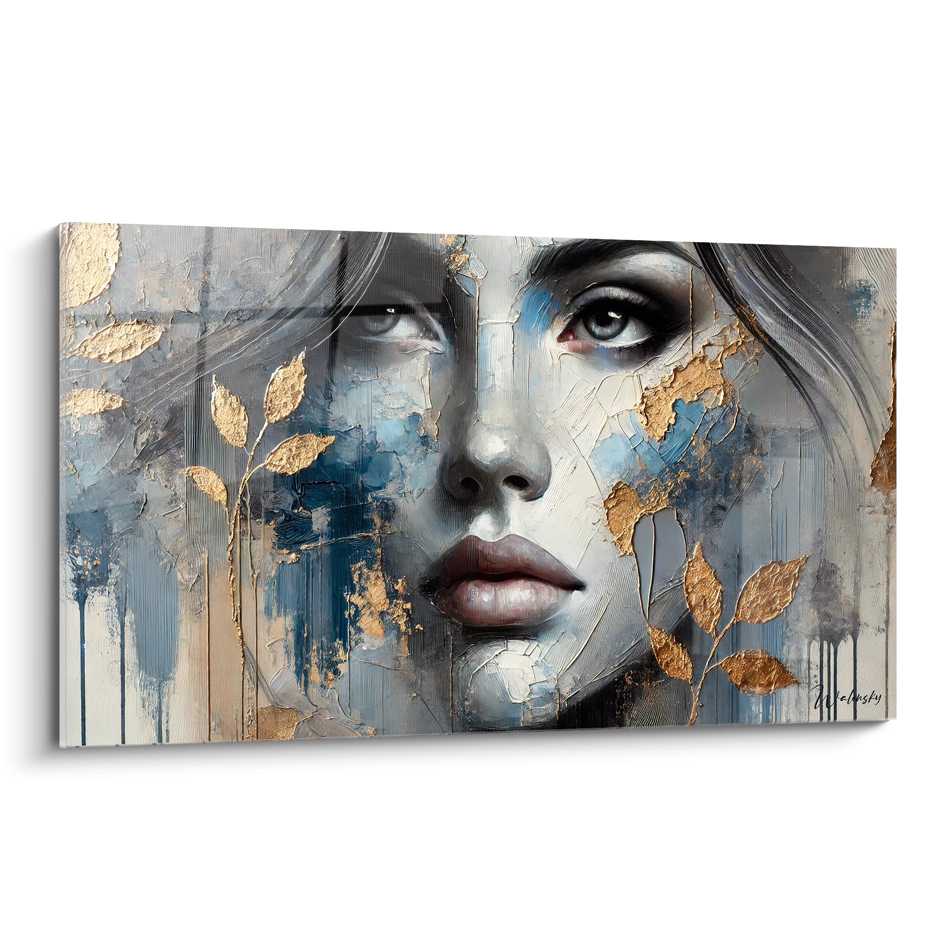 Découvrez 'Mélancolie dorée', un tableau captivant mêlant réalisme et abstraction. Feuilles d'or texturées entourant un visage féminin expressif. Œuvre unique et mystérieuse."