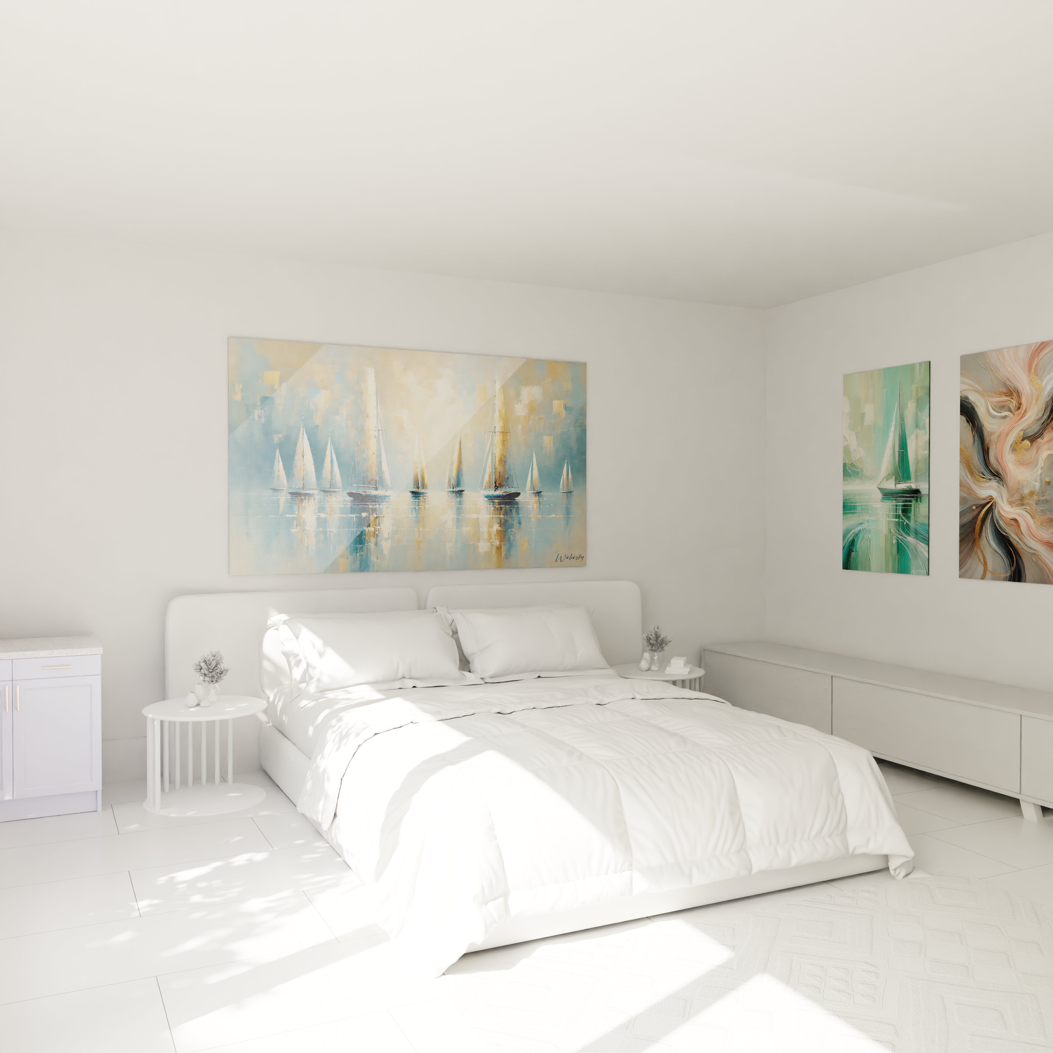 Tableau voiliers apportant une touche apaisante à la chambre. Bleu et beige pour une atmosphère sereine, capturant l'essence d'une mer calme et d'une journée ensoleillée.