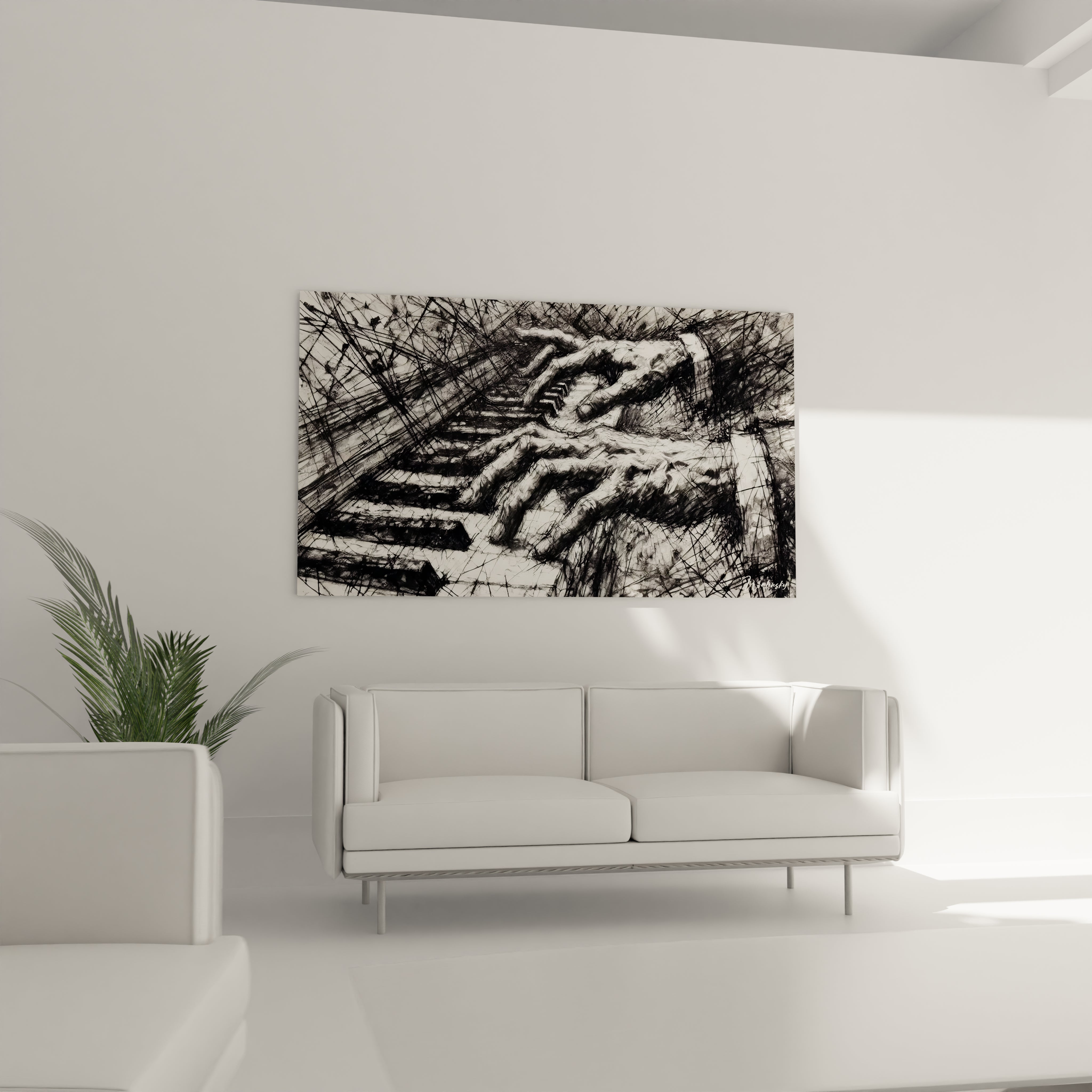 "Apportez du caractère à votre salon avec ce tableau expressif de mains jouant du piano. L'énergie du noir et blanc ajoute une touche artistique à votre intérieur. Décoration Salon"

