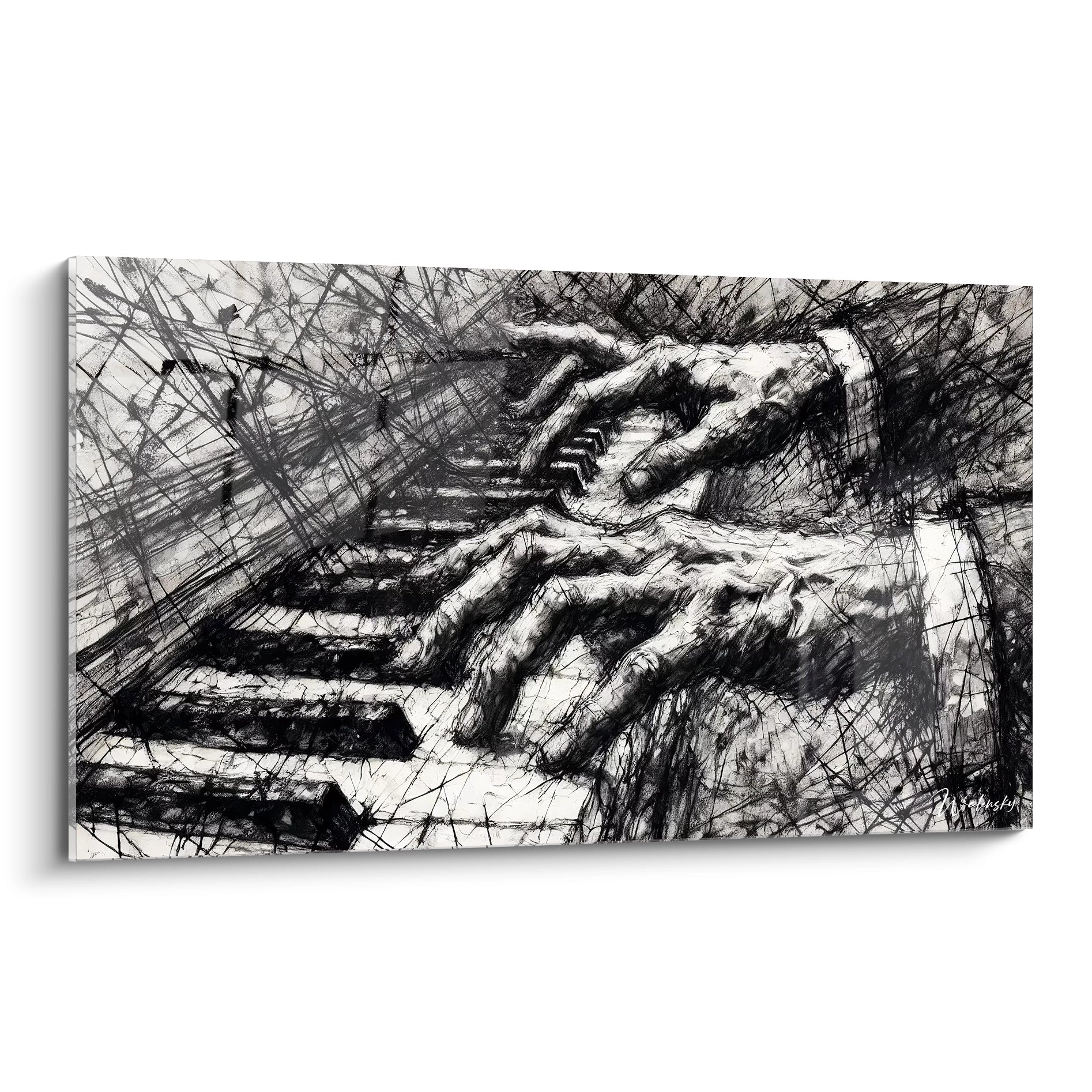 "Découvrez ce tableau noir et blanc dynamique, illustrant des mains jouant frénétiquement sur un piano. L'expressivité des lignes souligne l'énergie et la passion du geste musical. #TableauPiano"