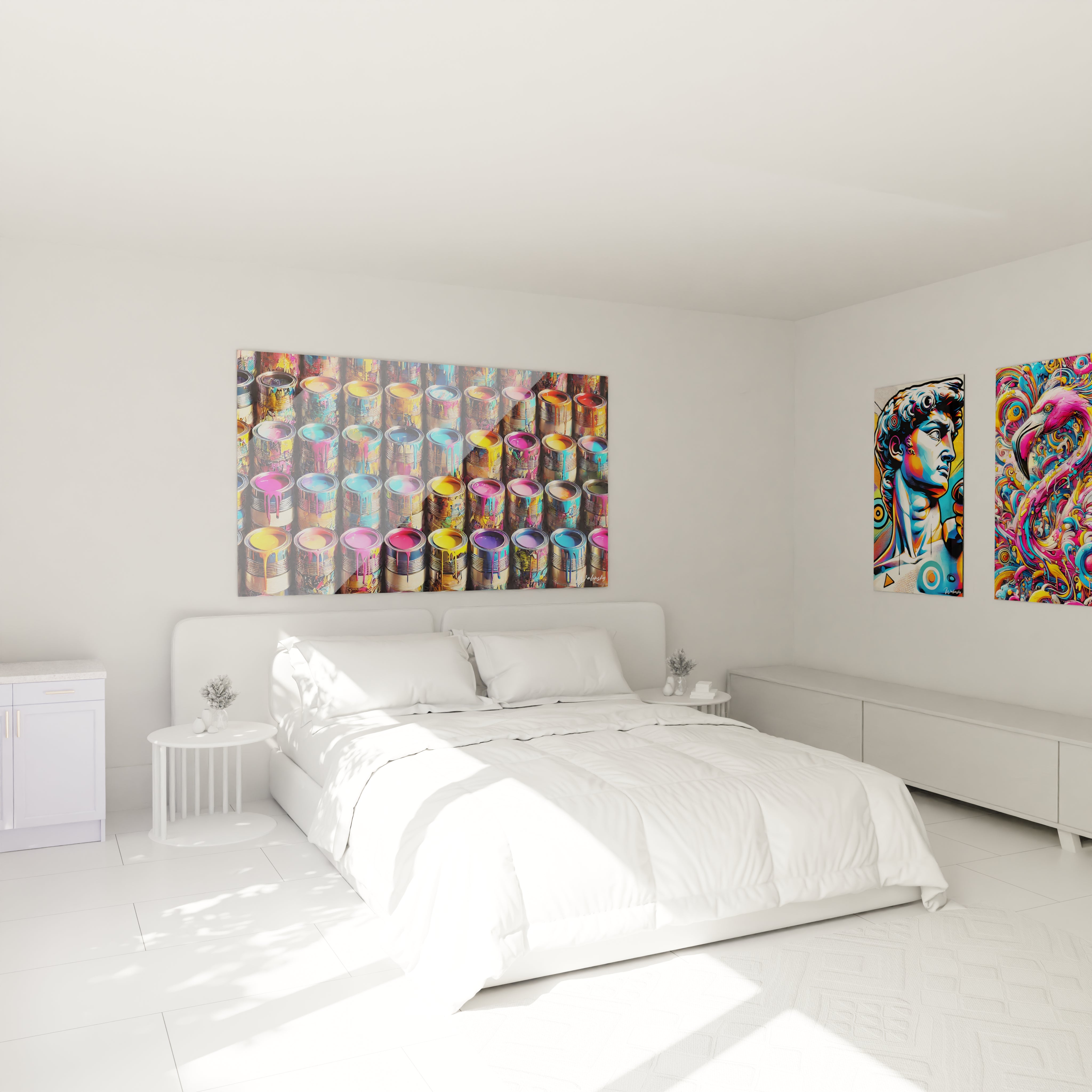 "Ajoutez une touche pop art à votre chambre avec ce tableau coloré. Les pots de peinture apportent une énergie vibrante à l’espace. 🎨#DécoChambre #TableauCréatif"