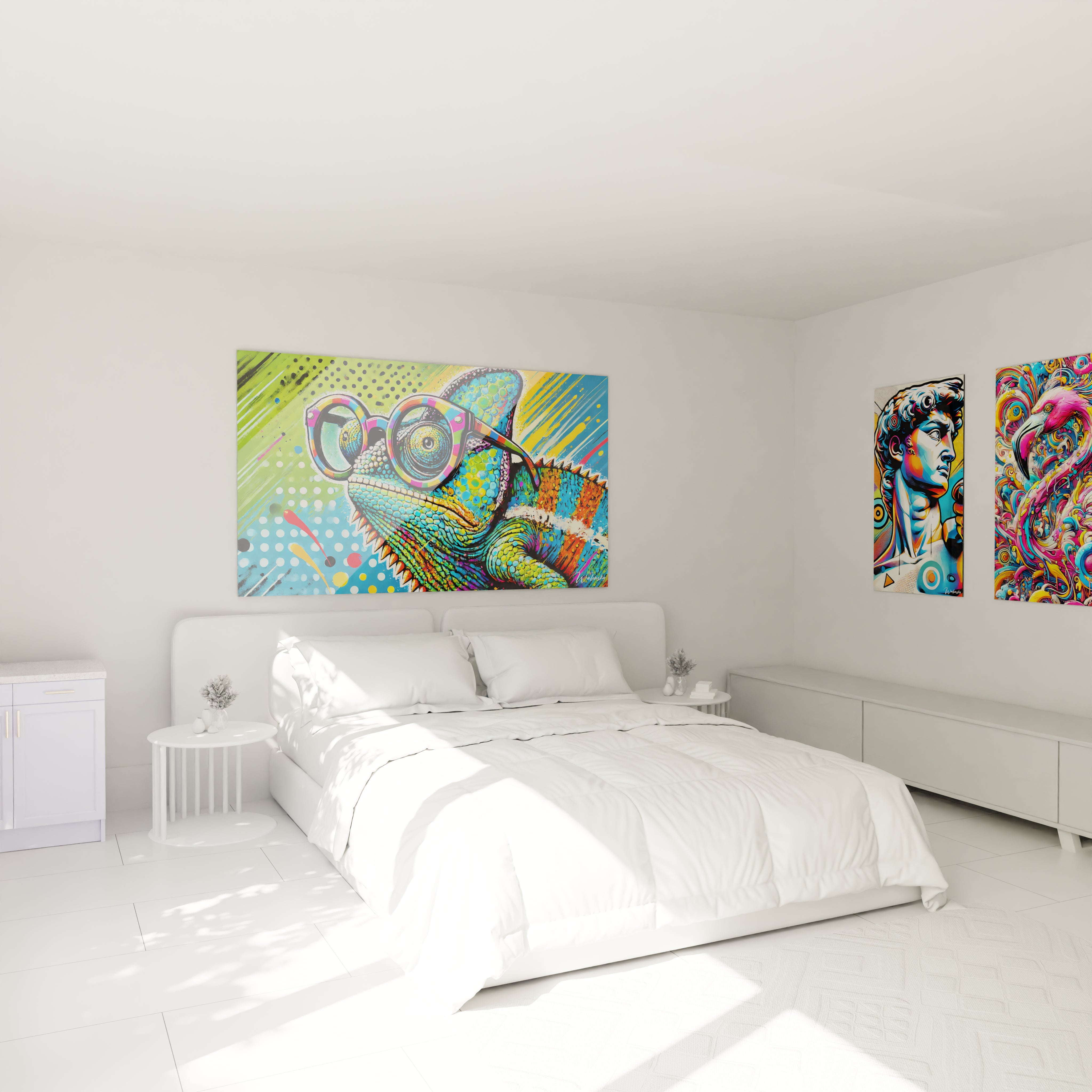 "Apportez une touche de couleur à votre chambre avec ce tableau pop art. Le caméléon multicolore et ses motifs dynamiques donnent vie à votre déco. #ArtModerne #TableauChambre"