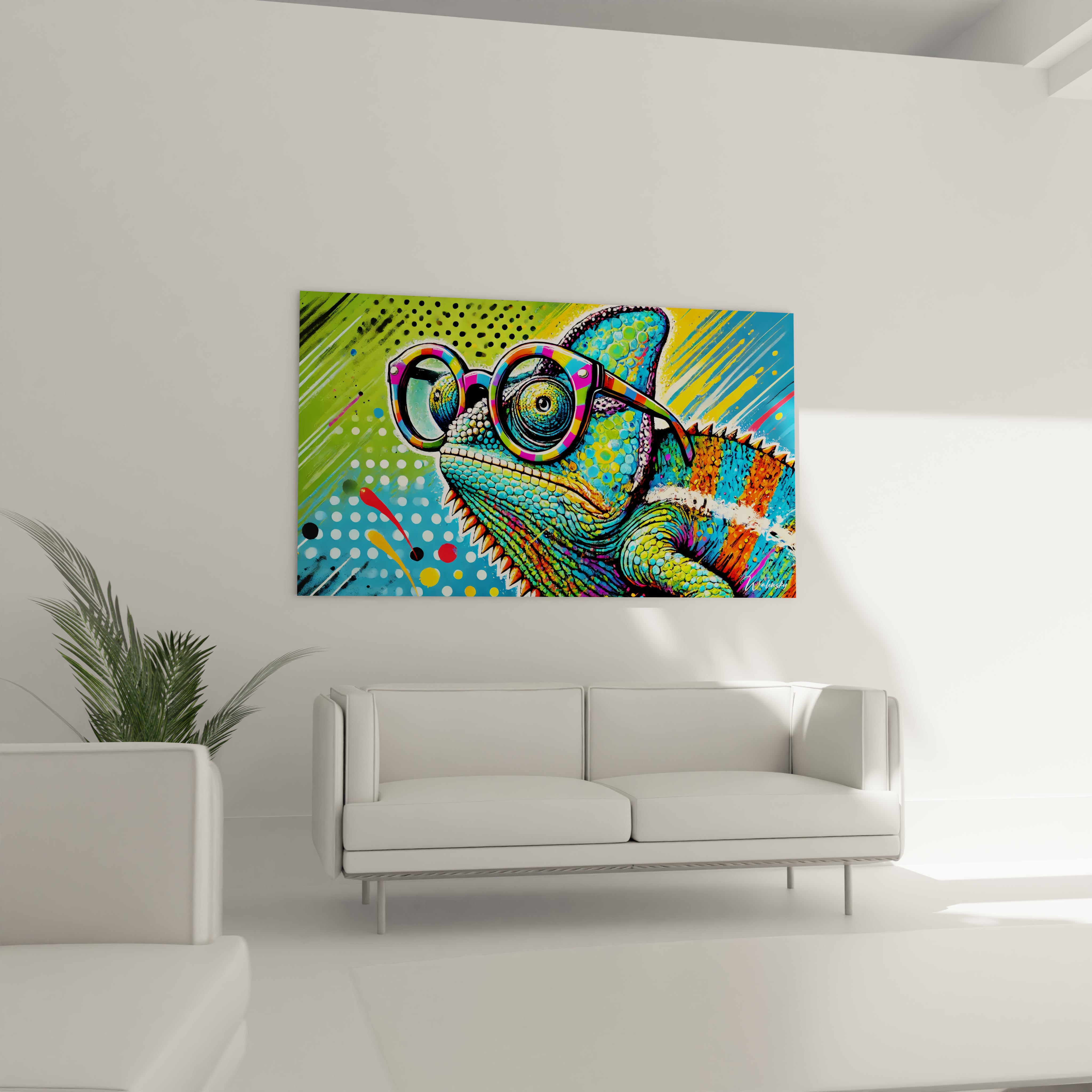 Transformez votre salon avec ce tableau pop art unique. Le caméléon multicolore ajoute une touche vibrante et audacieuse au-dessus de votre canapé. #DécorationIntérieure #TableauSalon"