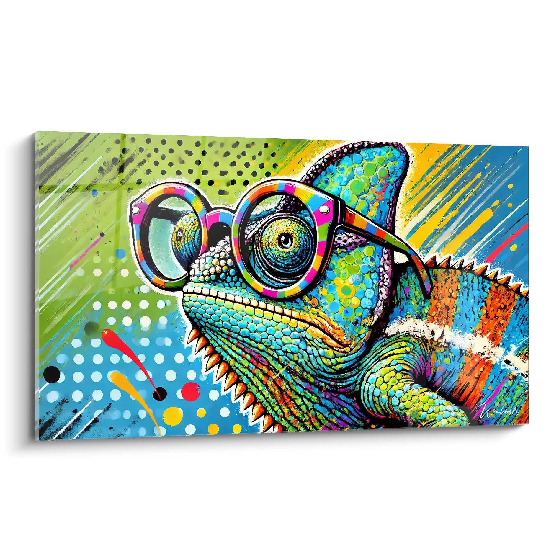 Découvrez ce tableau pop art éclatant d'un caméléon multicolore. Des couleurs vives et motifs géométriques donnent une touche moderne à votre espace ! #TableauPopArt #CaméléonColoré"