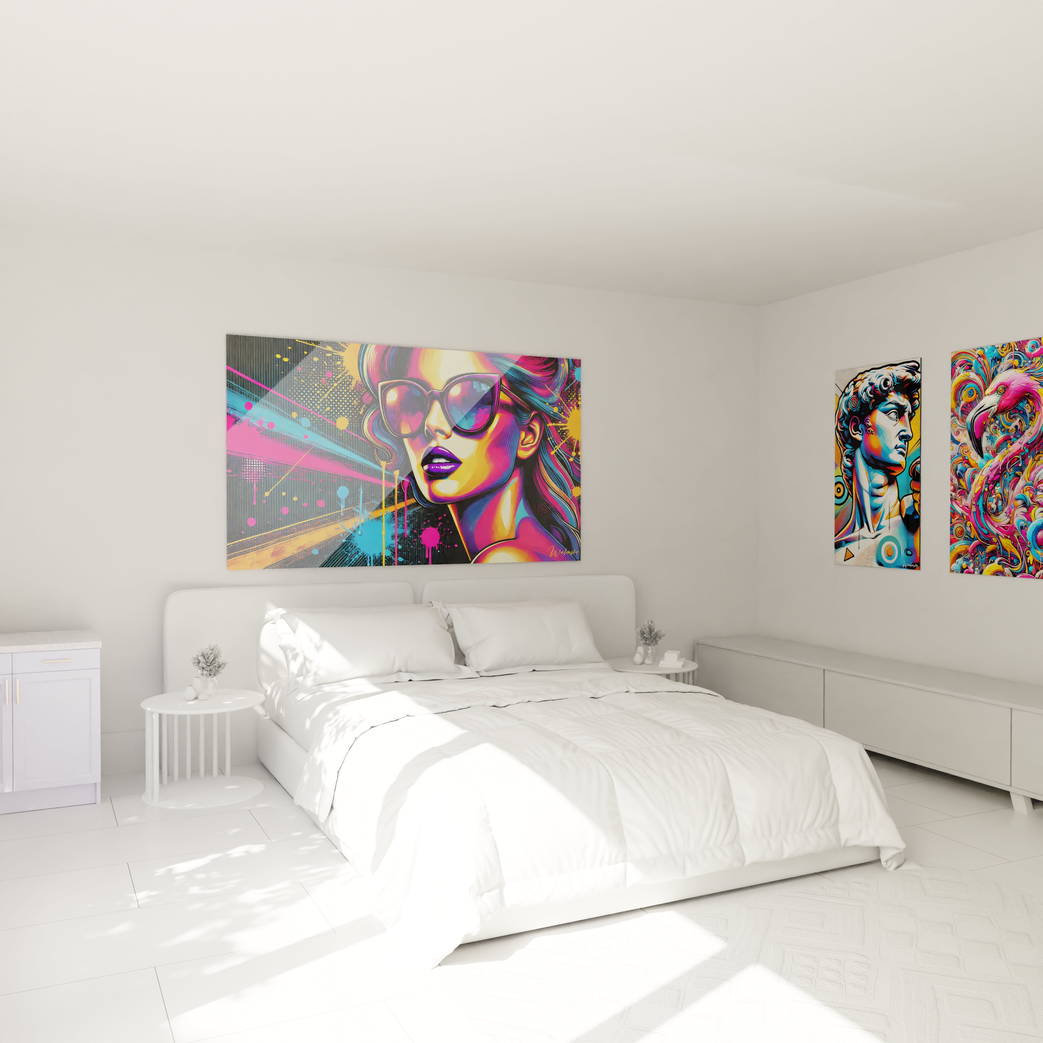 Tableau pop art éclatant accroché dans une chambre. Effet glamour et moderne grâce aux nuances néon et motifs abstraits. Ajoute une touche artistique audacieuse à l'espace.