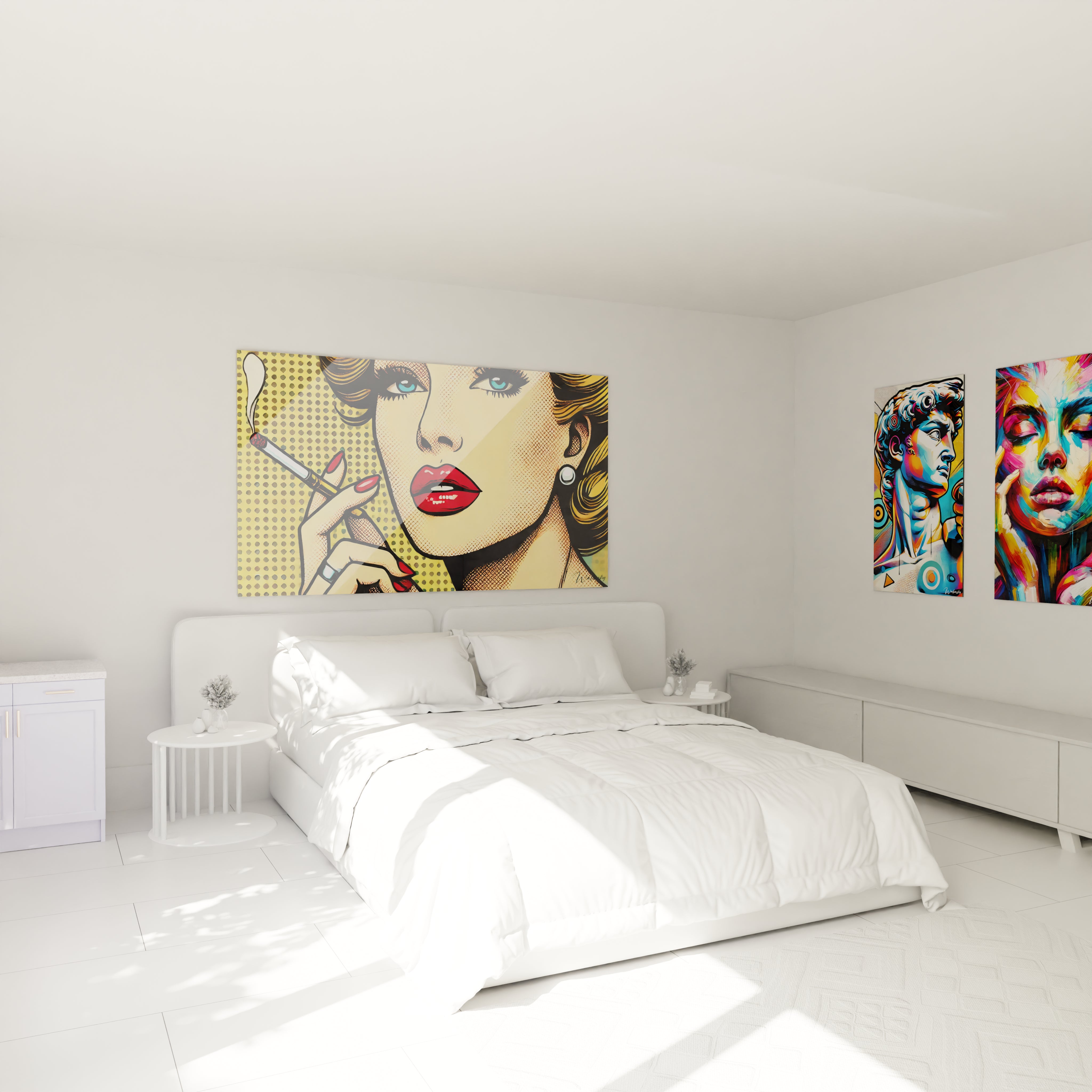 Tableau pop art accroché dans une chambre, sublimant l'espace au-dessus du lit. Illustration d'une femme au regard mystérieux, palette vive et nuances rétro typiques des années 1960.

